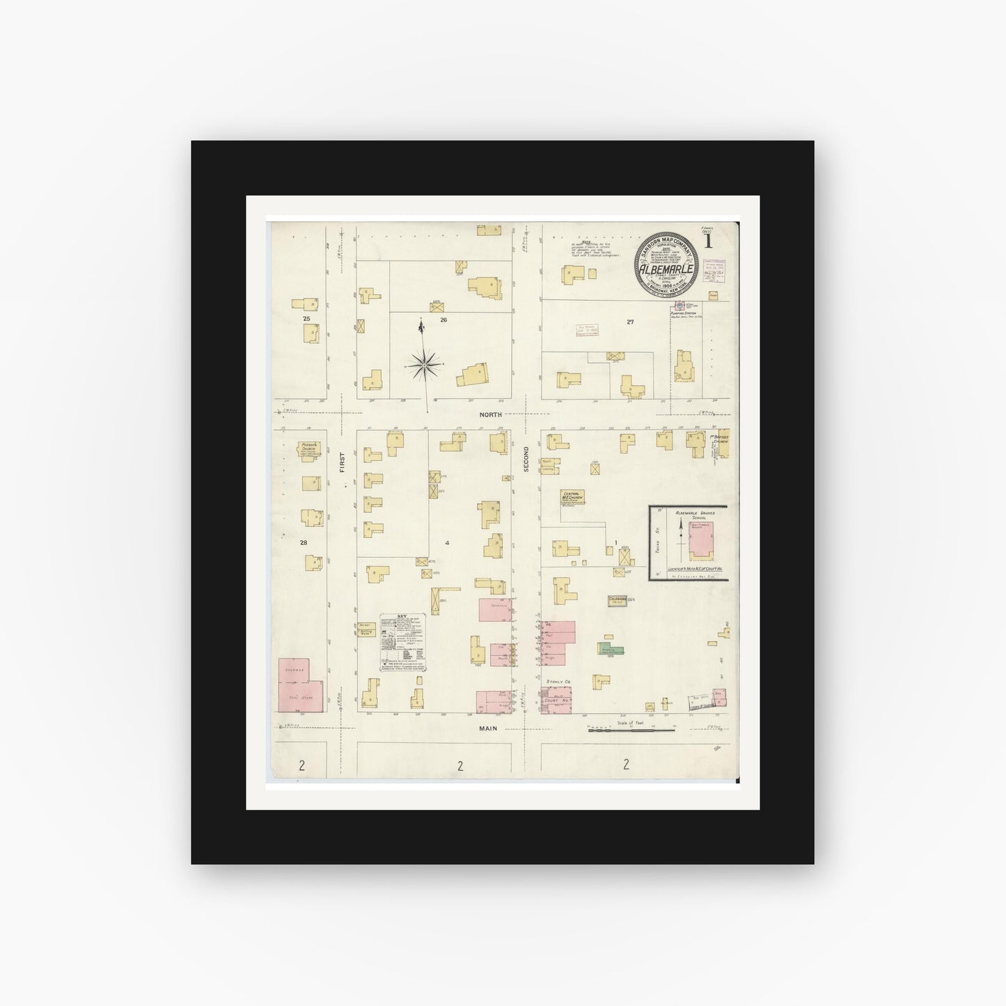 Old map wall art mockup — black gallery frame with white mat — Sanborn Fire Insurance Map from Albemarle, Stanley County, North Carolina (1908), Sheet #0001