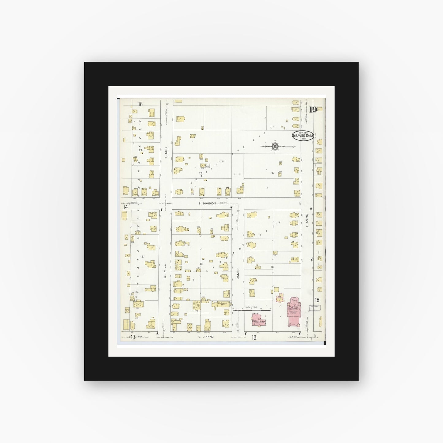 Old map wall art mockup — black gallery frame with white mat — Sanborn Fire Insurance Map from Beaver Dam, Dodge County, Wisconsin (1914), Sheet #0019