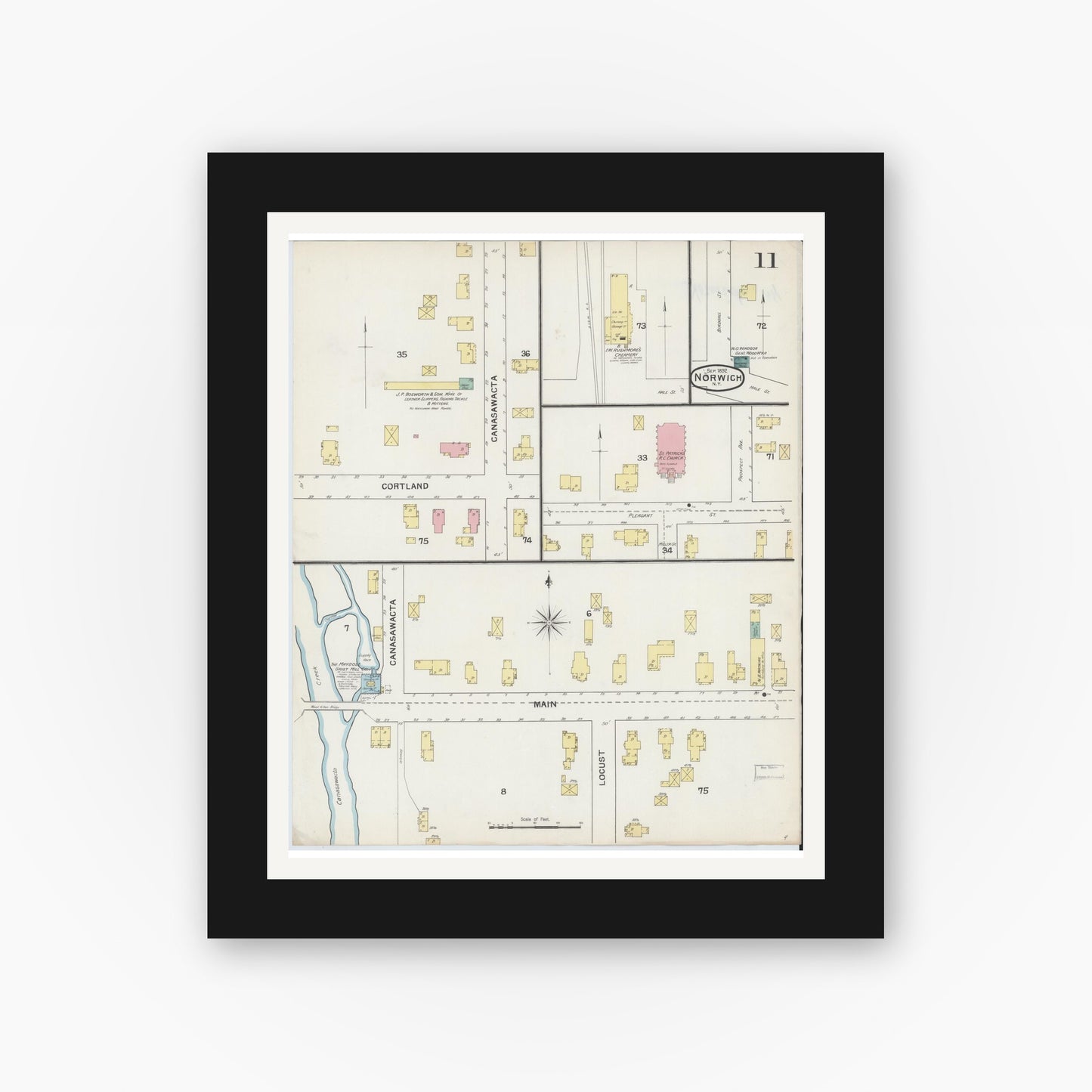 Old map wall art mockup — black gallery frame with white mat — Sanborn Fire Insurance Map from Norwich, Chenango County, New York (1892), Sheet #0011