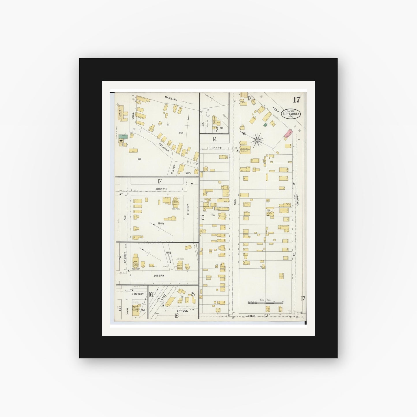 Old map wall art mockup — black gallery frame with white mat — Sanborn Fire Insurance Map from Ashtabula, Ashtabula County, Ohio (1898), Sheet #0017