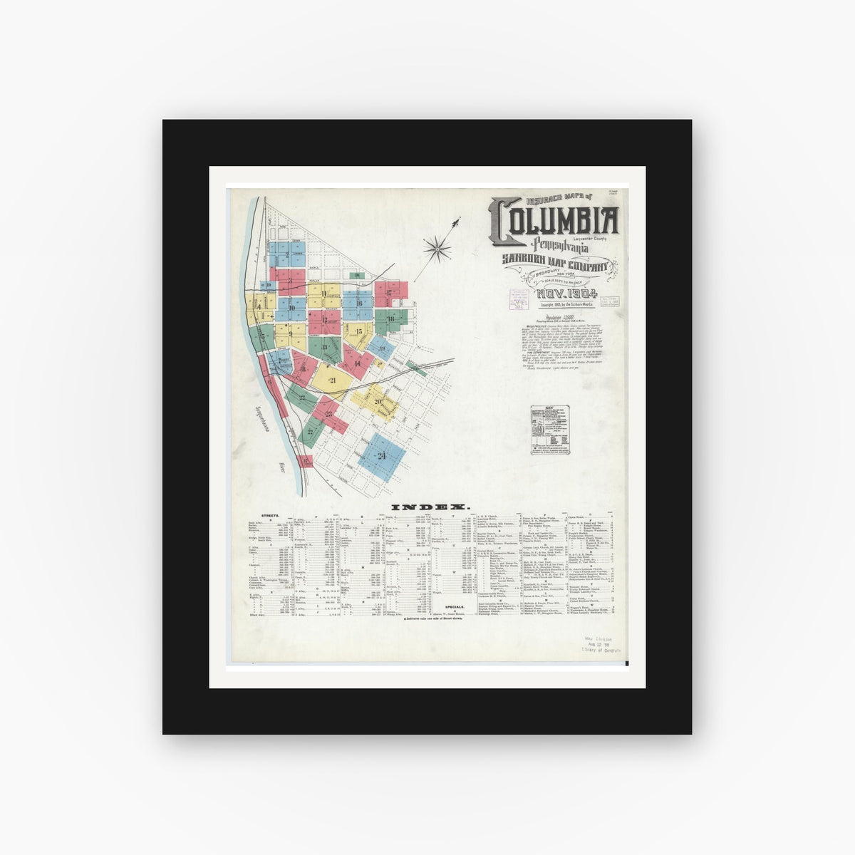 Old map wall art mockup — black gallery frame with white mat — Sanborn Fire Insurance Map from Columbia, Lancaster County, Pennsylvania (1904) - Complete Map Set