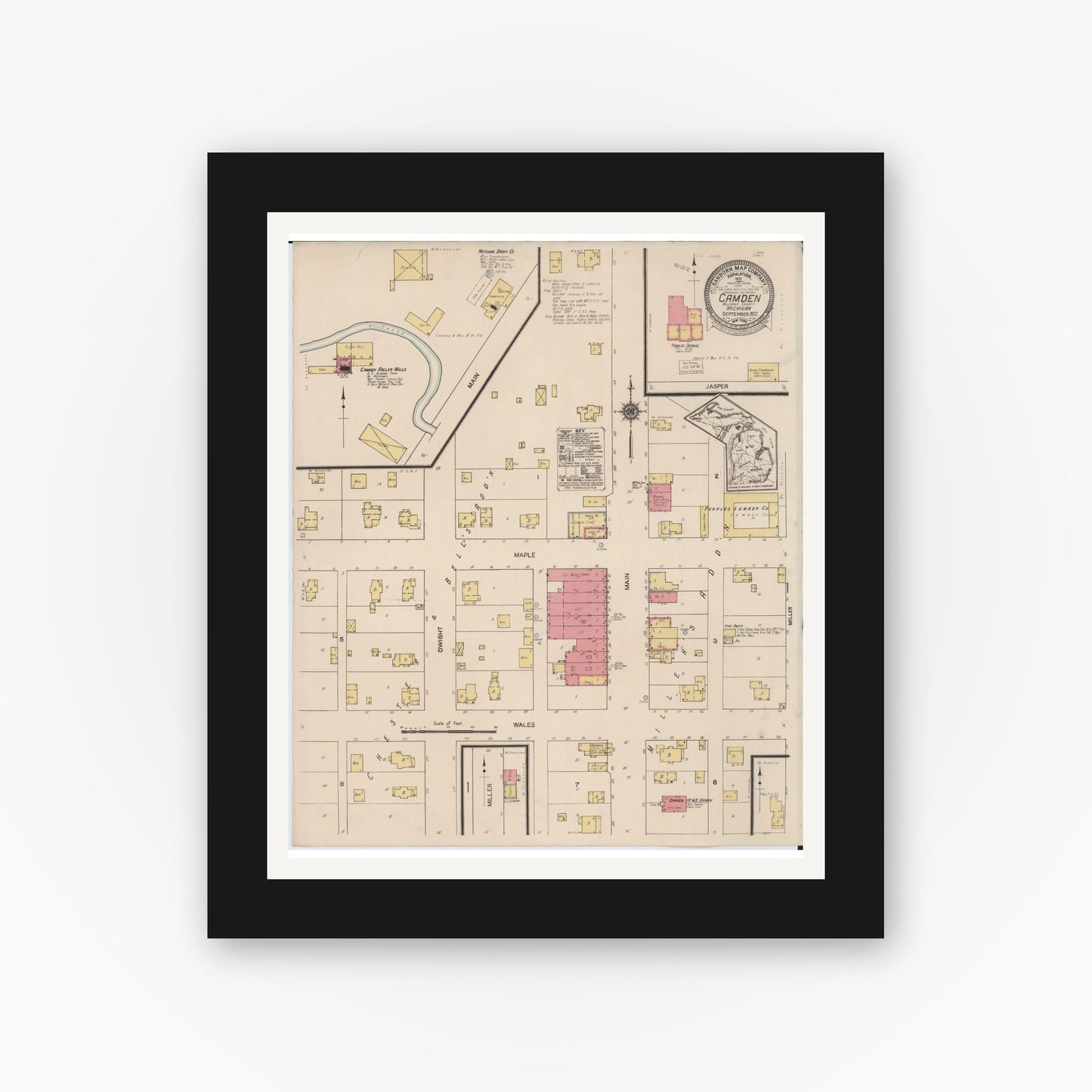 Old map wall art mockup — black gallery frame with white mat — Sanborn Fire Insurance Map from Camden, Hillsdale County, Michigan (1922), Sheet #0001