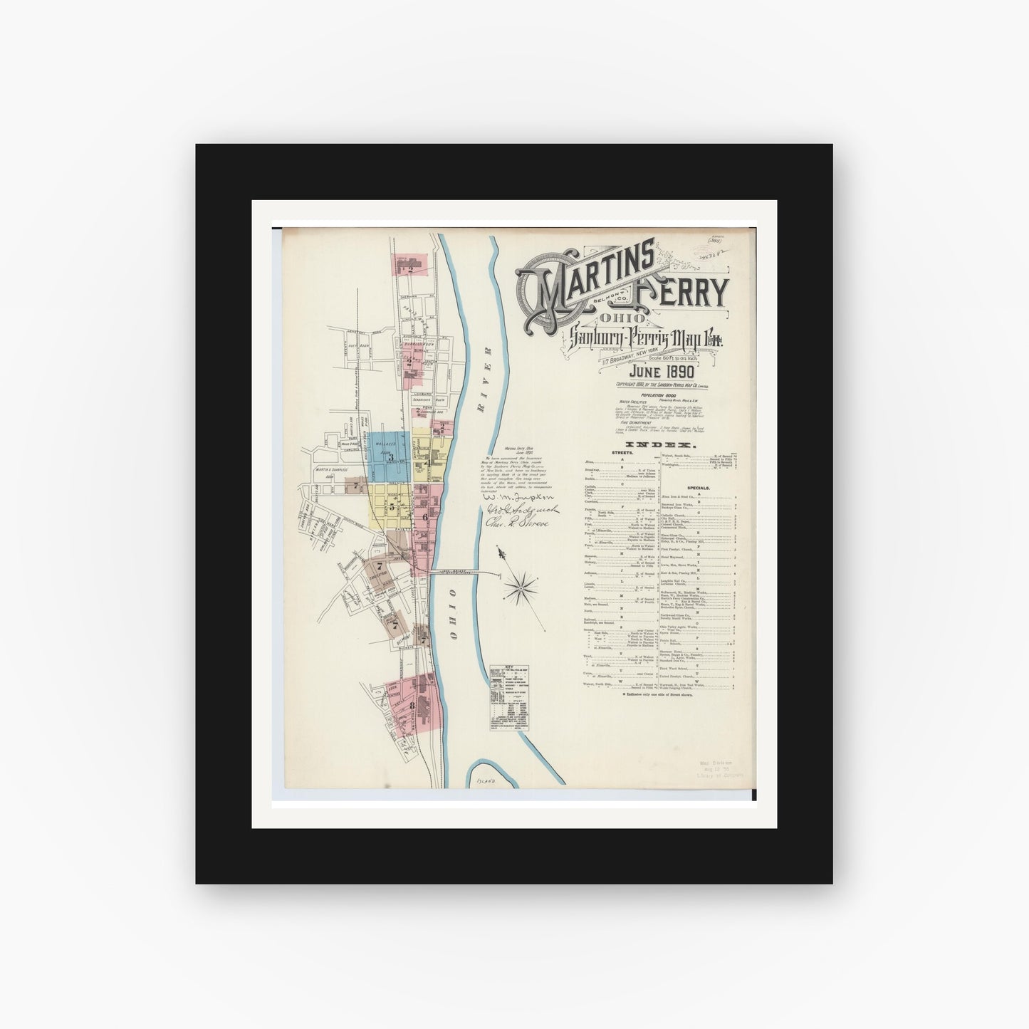 Old map wall art mockup — black gallery frame with white mat — Sanborn Fire Insurance Map from Martins Ferry, Belmont County, Ohio (1890), Sheet #0001