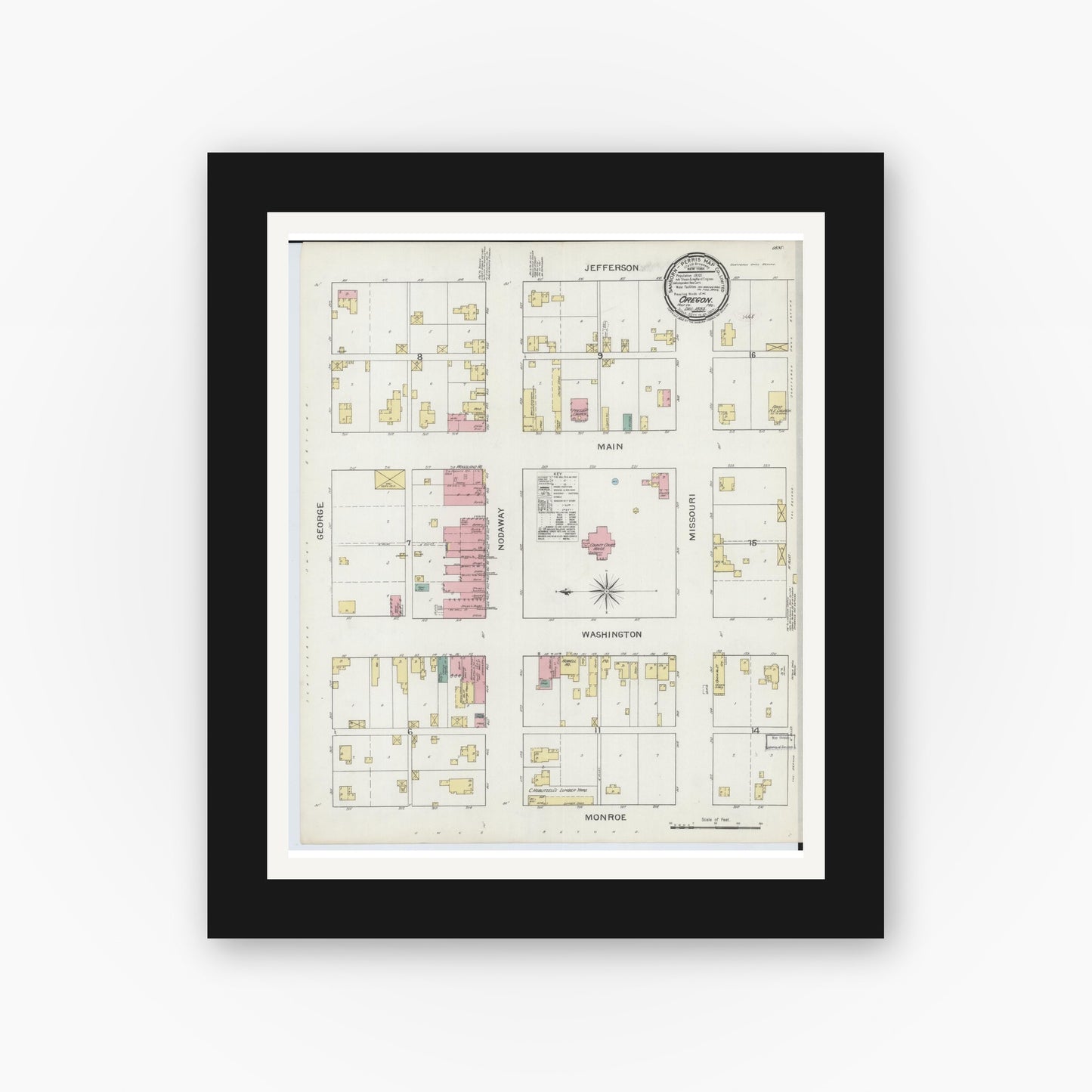 Old map wall art mockup — black gallery frame with white mat — Sanborn Fire Insurance Map from Oregon, Holt County, Missouri (1893), Sheet #0001