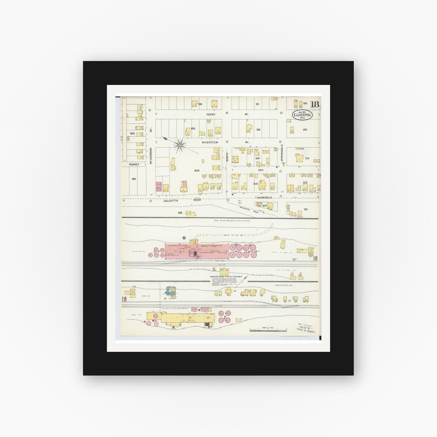 Old map wall art mockup — black gallery frame with white mat — Sanborn Fire Insurance Map from East Liverpool, Columbiana County, Ohio (1903), Sheet #0018