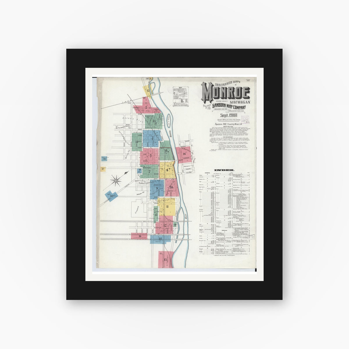 Old map wall art mockup — black gallery frame with white mat — Sanborn Fire Insurance Map from Monroe, Monroe County, Michigan (1908), Sheet #0001