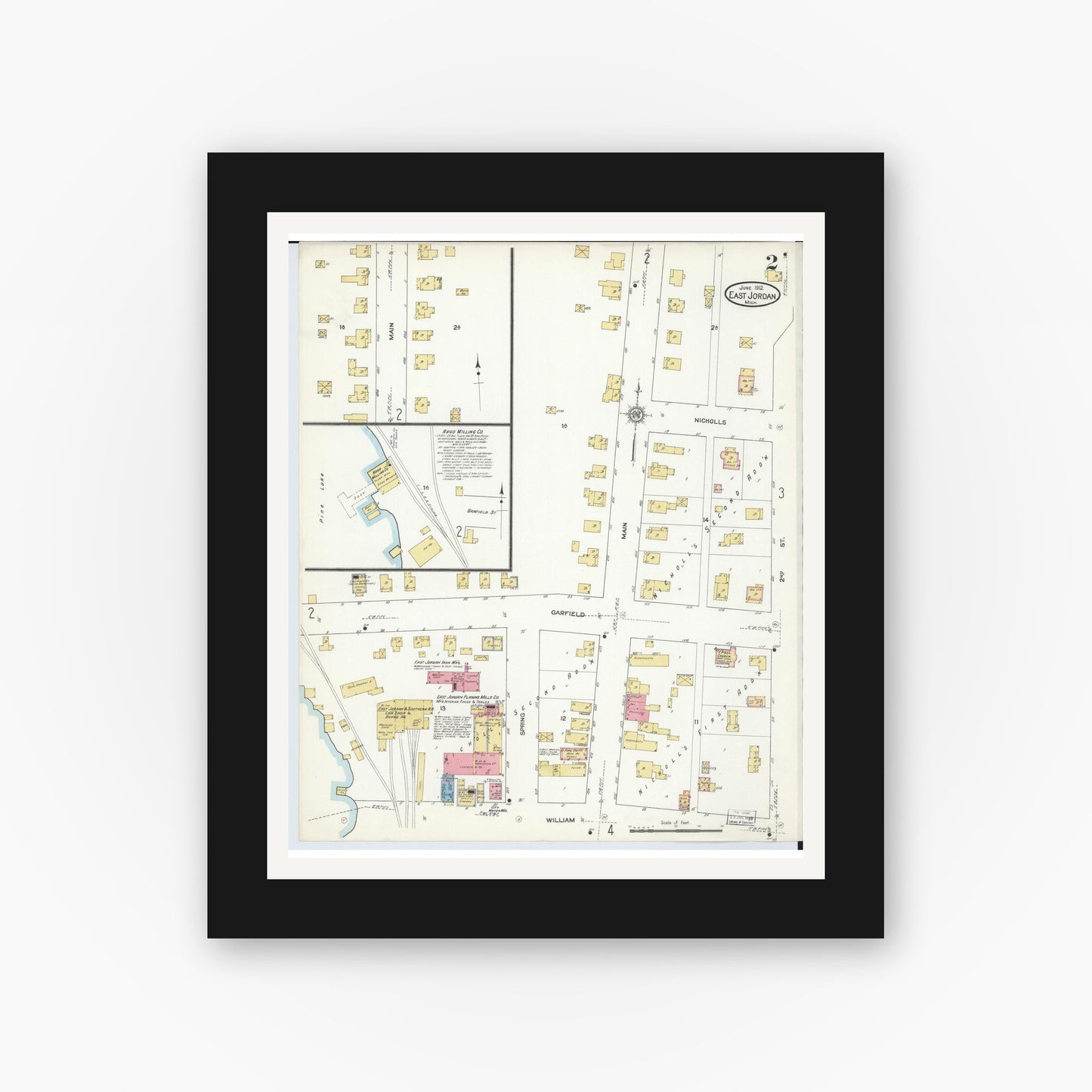 Old map wall art mockup — black gallery frame with white mat — Sanborn Fire Insurance Map from East Jordan, Charlevoix County, Michigan (1912), Sheet #0002