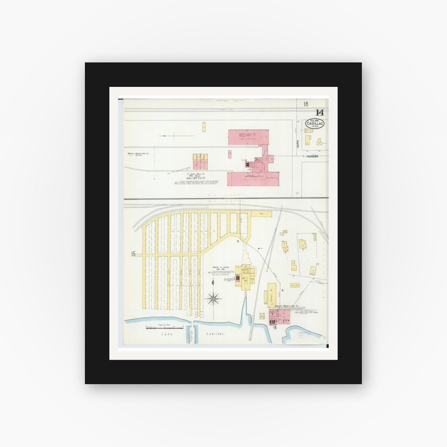 Old map wall art mockup — black gallery frame with white mat — Sanborn Fire Insurance Map from Cadillac, Wexford County, Michigan (1906), Sheet #0014
