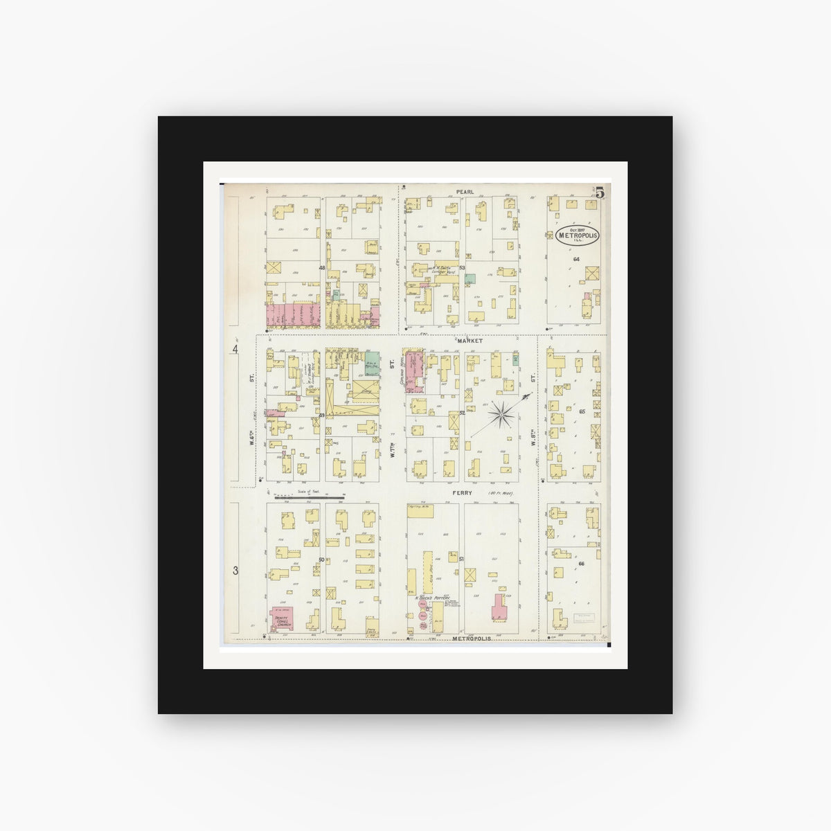 Old map wall art mockup — black gallery frame with white mat — Sanborn Fire Insurance Map from Metropolis, Massac County, Illinois (1897), Sheet #0005