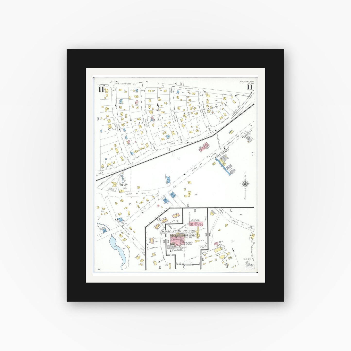 Old map wall art mockup — black gallery frame with white mat — Sanborn Fire Insurance Map from Willoughby, Lake County, Ohio (1952), Sheet #0011