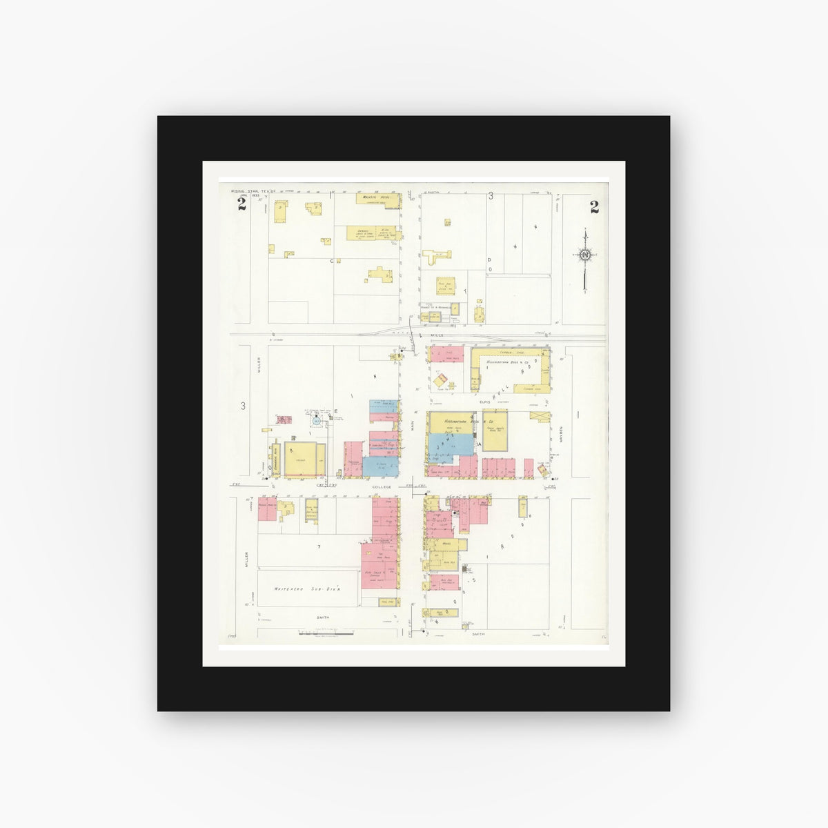 Old map wall art mockup — black gallery frame with white mat — Sanborn Fire Insurance Map from Rising Star, Eastland County, Texas (1933), Sheet #0002