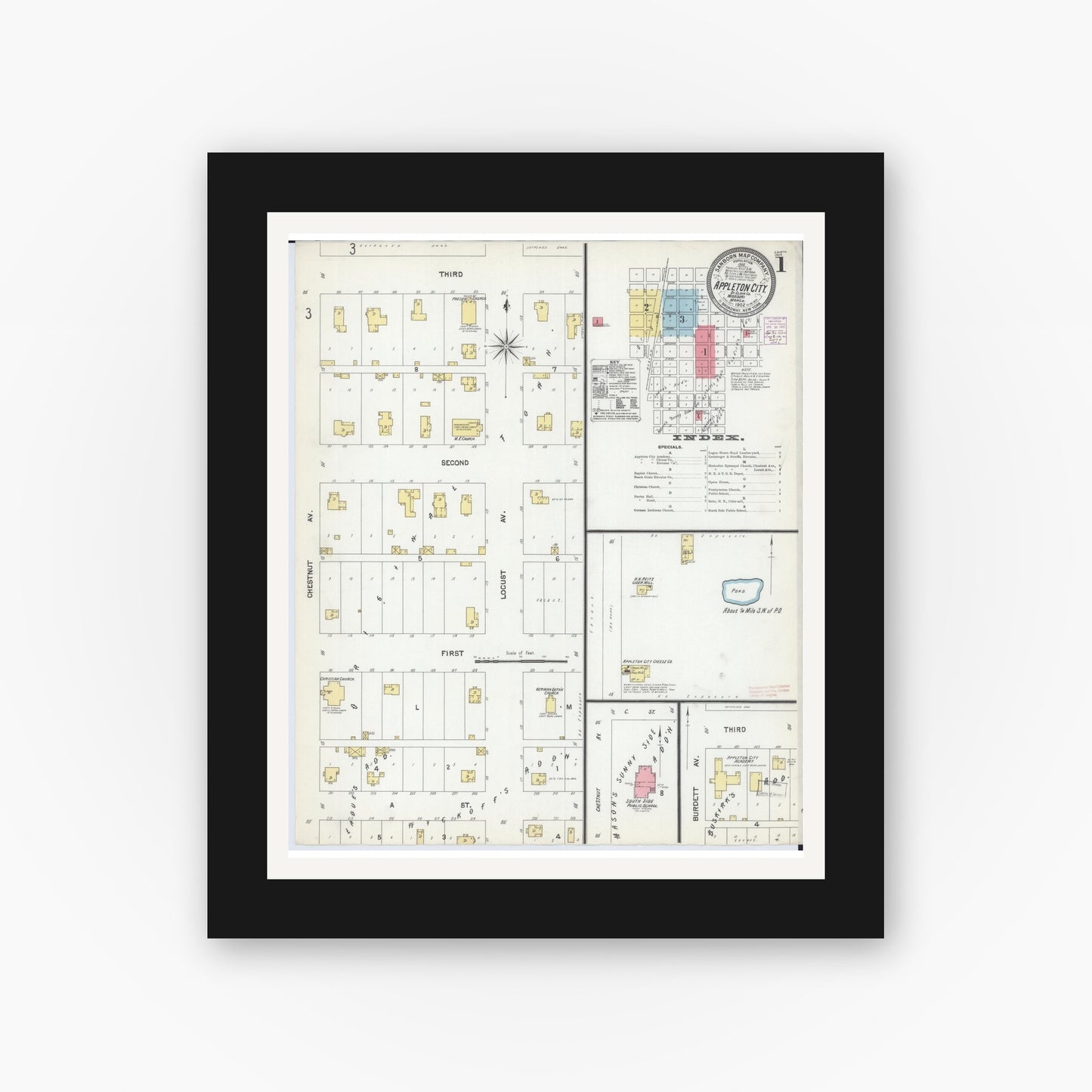 Old map wall art mockup — black gallery frame with white mat — Sanborn Fire Insurance Map from Appleton City, Saint Clair County, Missouri (1902) - Complete Map Set
