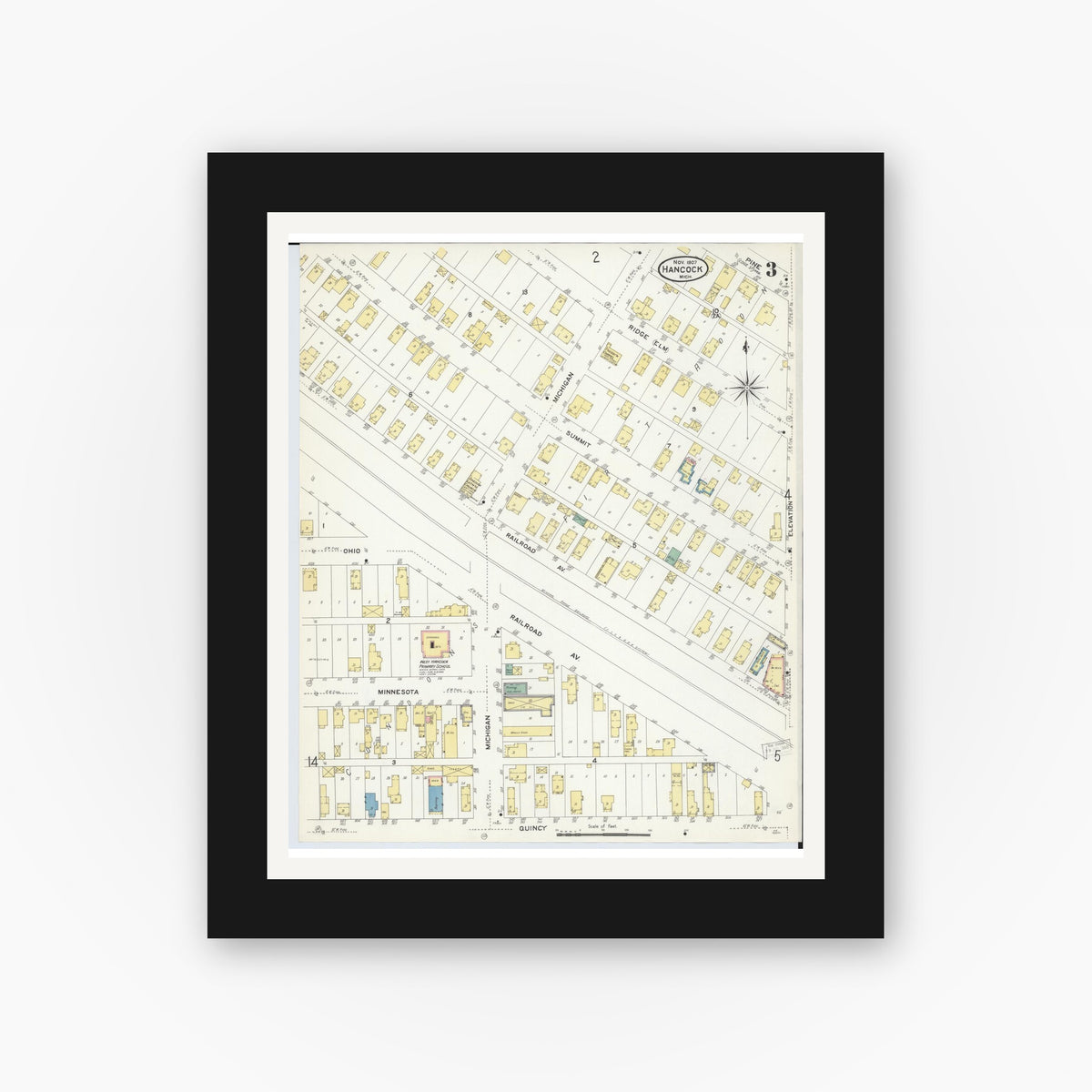 Old map wall art mockup — black gallery frame with white mat — Sanborn Fire Insurance Map from Hancock, Houghton County, Michigan (1907), Sheet #0003