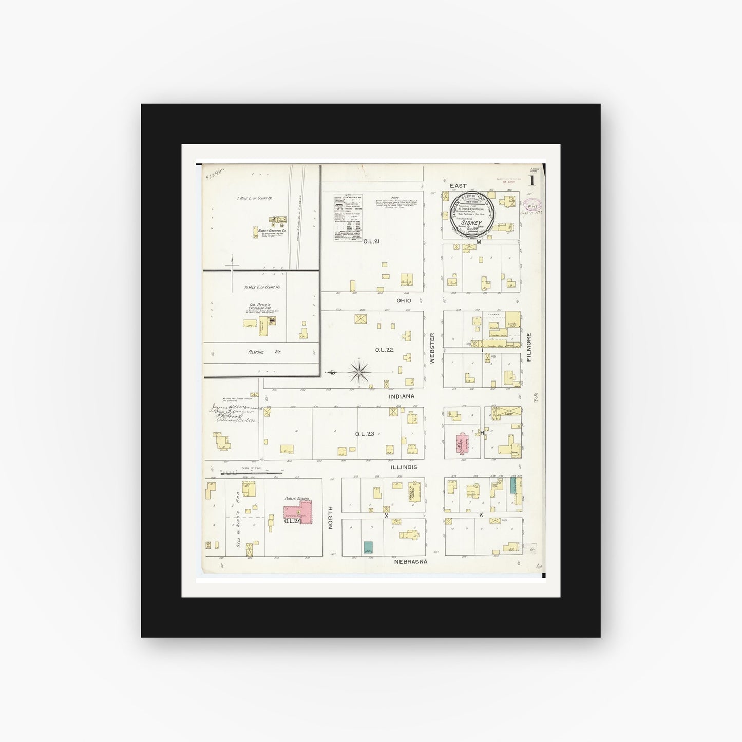 Old map wall art mockup — black gallery frame with white mat — Sanborn Fire Insurance Map from Sidney, Fremont County, Iowa (1893) — Complete Set