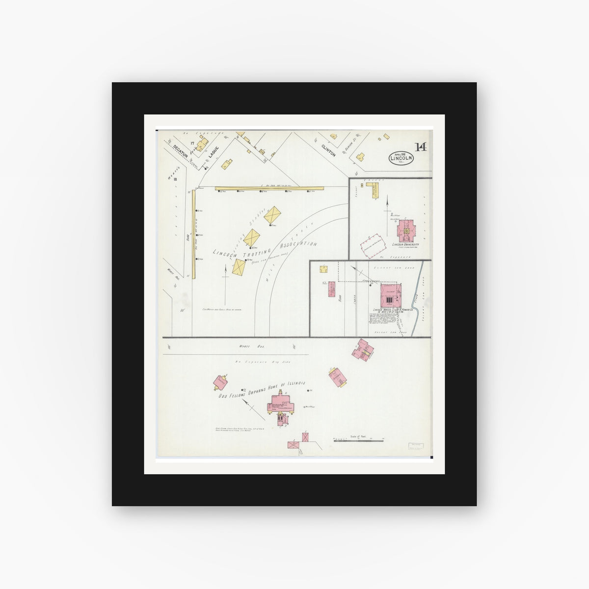 Old map wall art mockup — black gallery frame with white mat — Sanborn Fire Insurance Map from Lincoln, Logan County, Illinois (1902), Sheet #0014