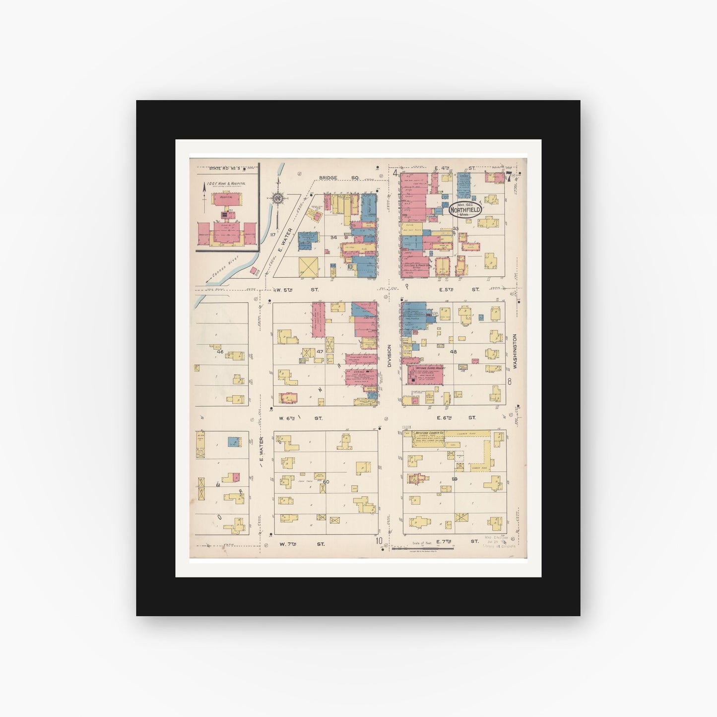 Old map wall art mockup — black gallery frame with white mat — Sanborn Fire Insurance Map from Northfield, Rice County, Minnesota (1922), Sheet #0007