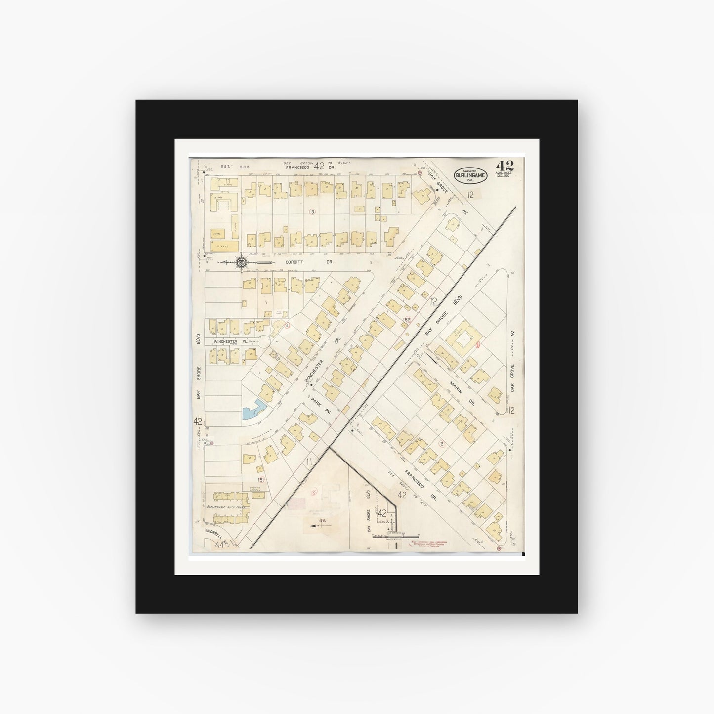 Old map wall art mockup — black gallery frame with white mat — Sanborn Fire Insurance Map from Burlingame, San Mateo County, California (1949), Sheet #0042
