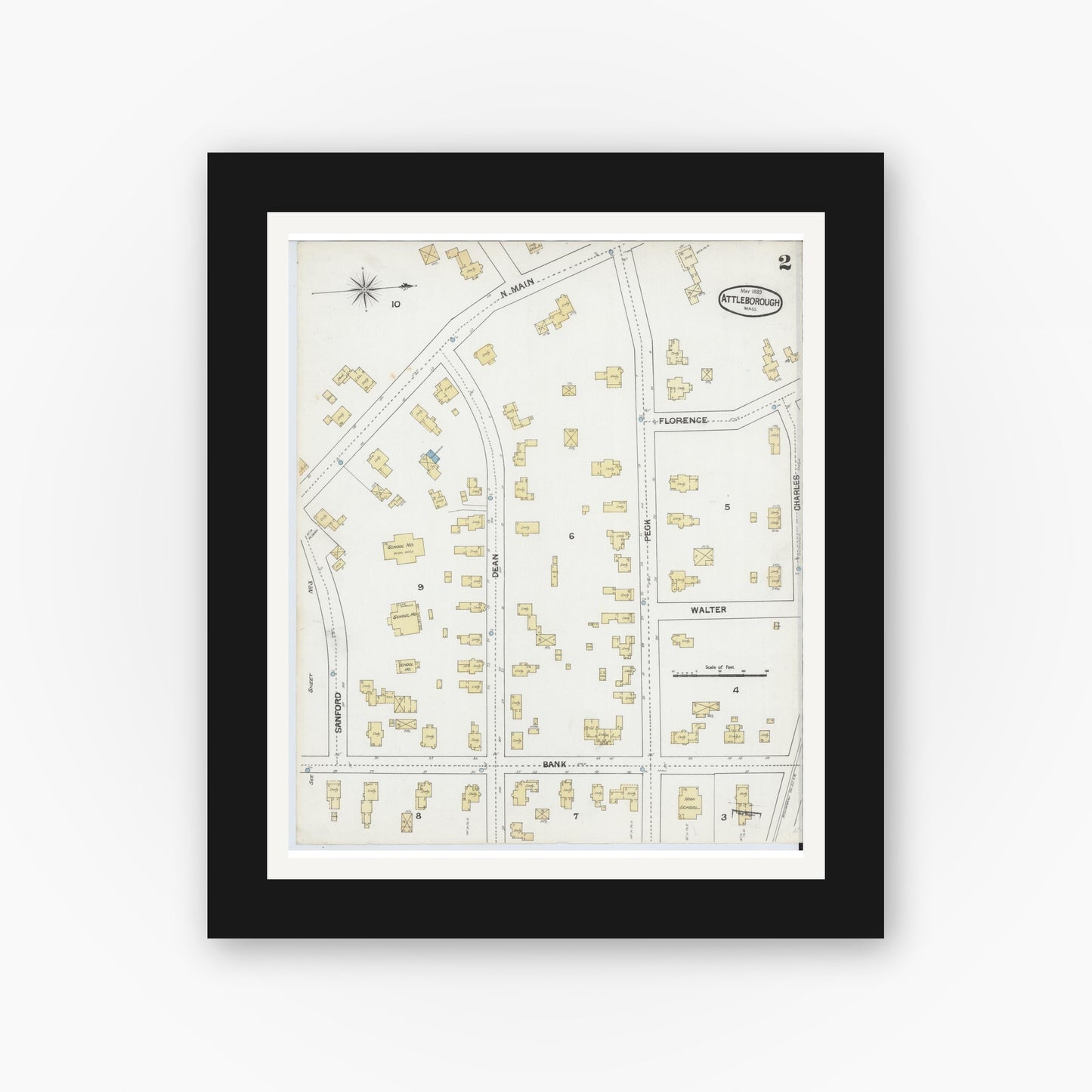 Old map wall art mockup — black gallery frame with white mat — Sanborn Fire Insurance Map from Attleboro, Bristol County, Massachusetts (1889), Sheet #0002