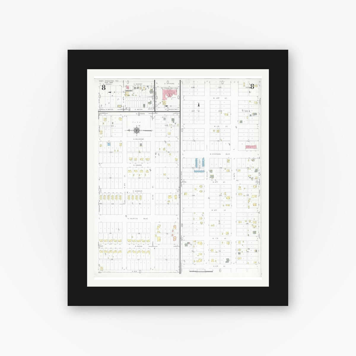 Old map wall art mockup — black gallery frame with white mat — Sanborn Fire Insurance Map from Fort Stockton, Pecos County, Texas (1946), Sheet #0008