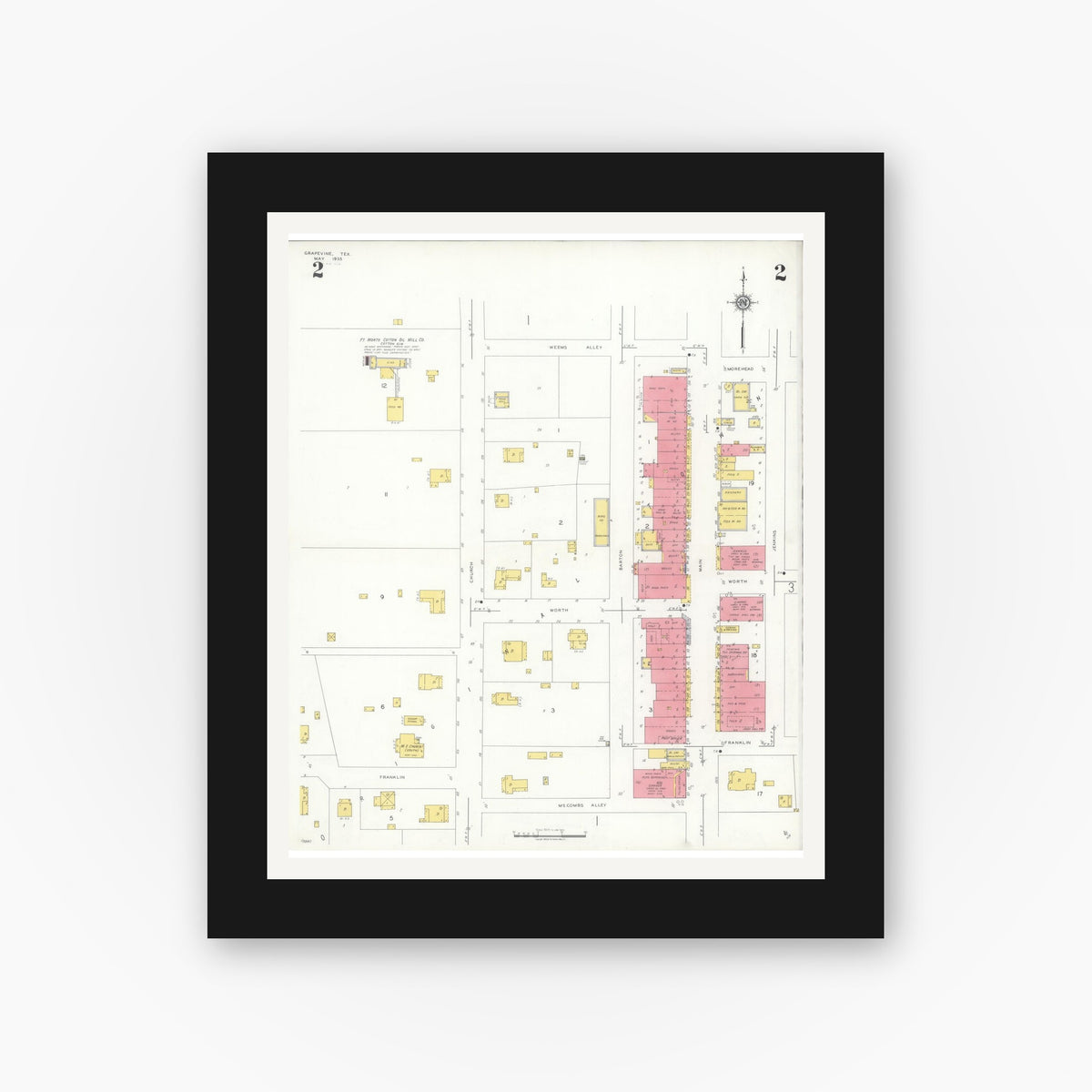 Old map wall art mockup — black gallery frame with white mat — Sanborn Fire Insurance Map from Grapevine, Tarrant County, Texas (1935), Sheet #0002
