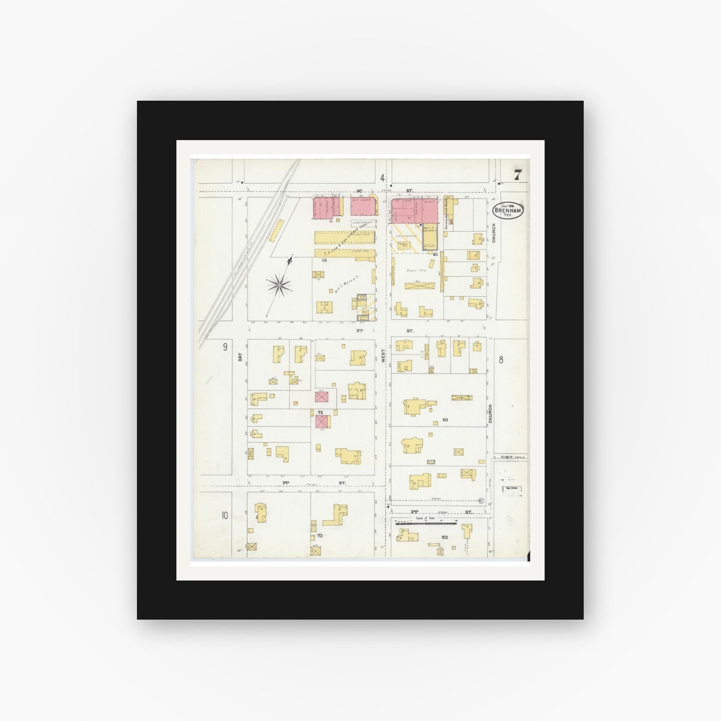 Old map wall art mockup — black gallery frame with white mat — Sanborn Fire Insurance Map from Brenham, Washington County, Texas (1906), Sheet #0007