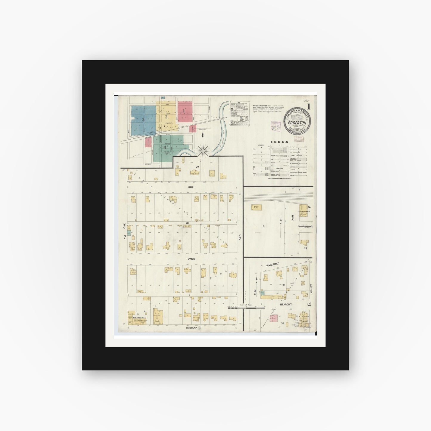 Old map wall art mockup — black gallery frame with white mat — Sanborn Fire Insurance Map from Edgerton, Williams County, Ohio (1908), Sheet #0001