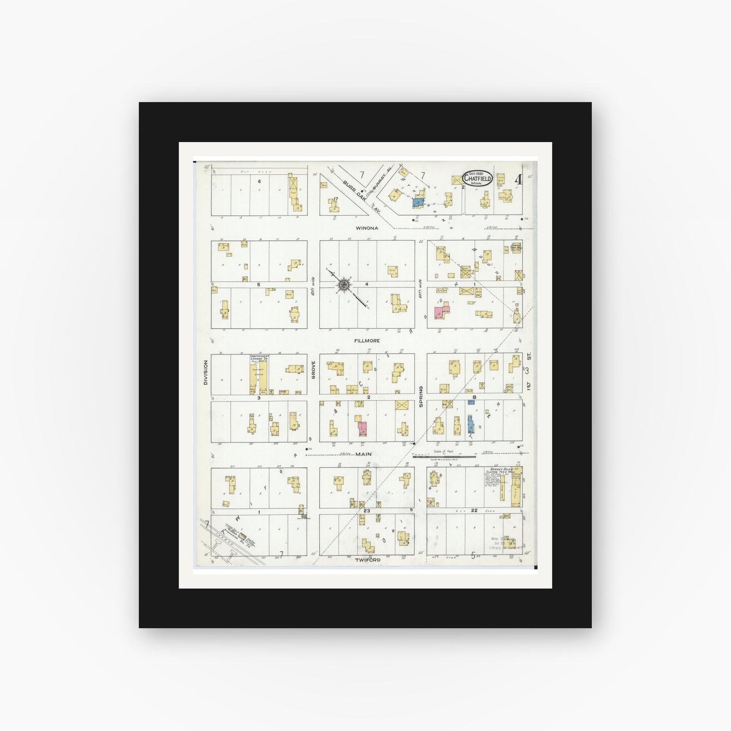 Old map wall art mockup — black gallery frame with white mat — Sanborn Fire Insurance Map from Chatfield, Fillmore And Olmsted Counties, Minnesota (1920), Sheet #0004