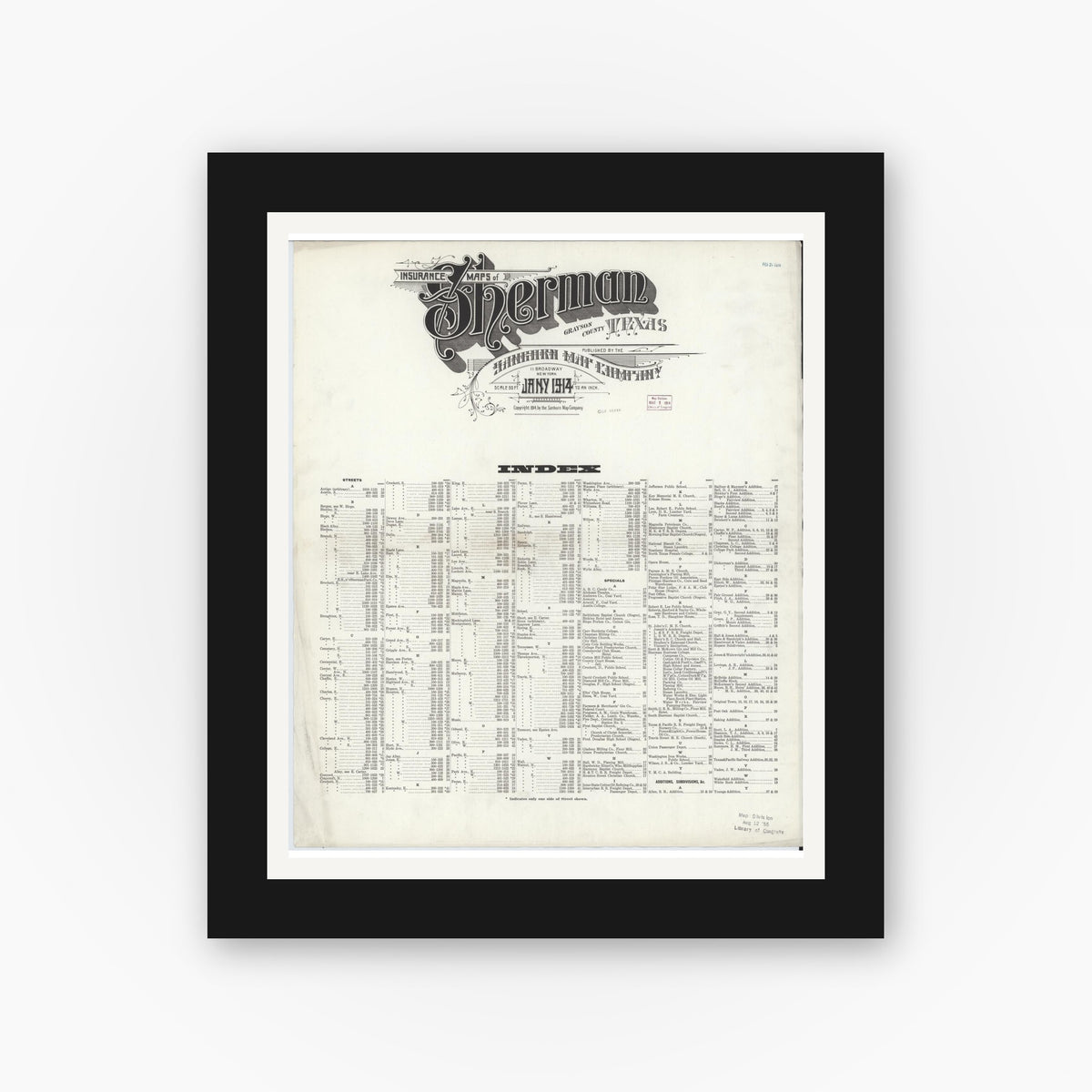 Old map wall art mockup — black gallery frame with white mat — Sanborn Fire Insurance Map from Sherman, Grayson County, Texas (1914), Sheet #0001