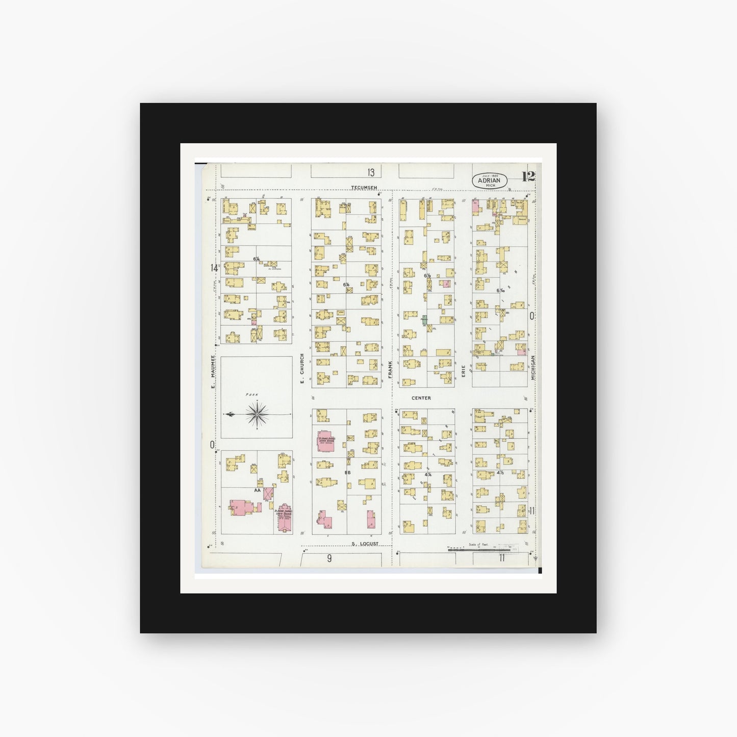 Old map wall art mockup — black gallery frame with white mat — Sanborn Fire Insurance Map from Adrian, Lenawee County, Michigan (1899), Sheet #0012