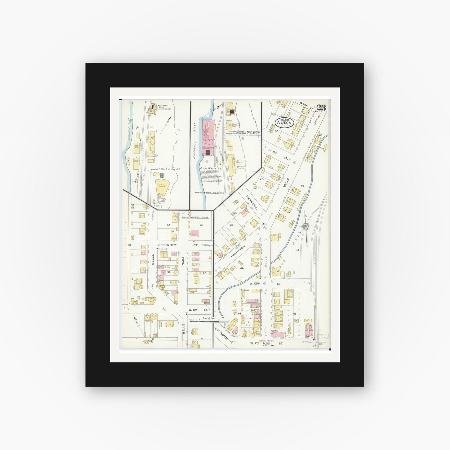 Old map wall art mockup — black gallery frame with white mat — Sanborn Fire Insurance Map from Alton, Madison County, Illinois (1909), Sheet #0023