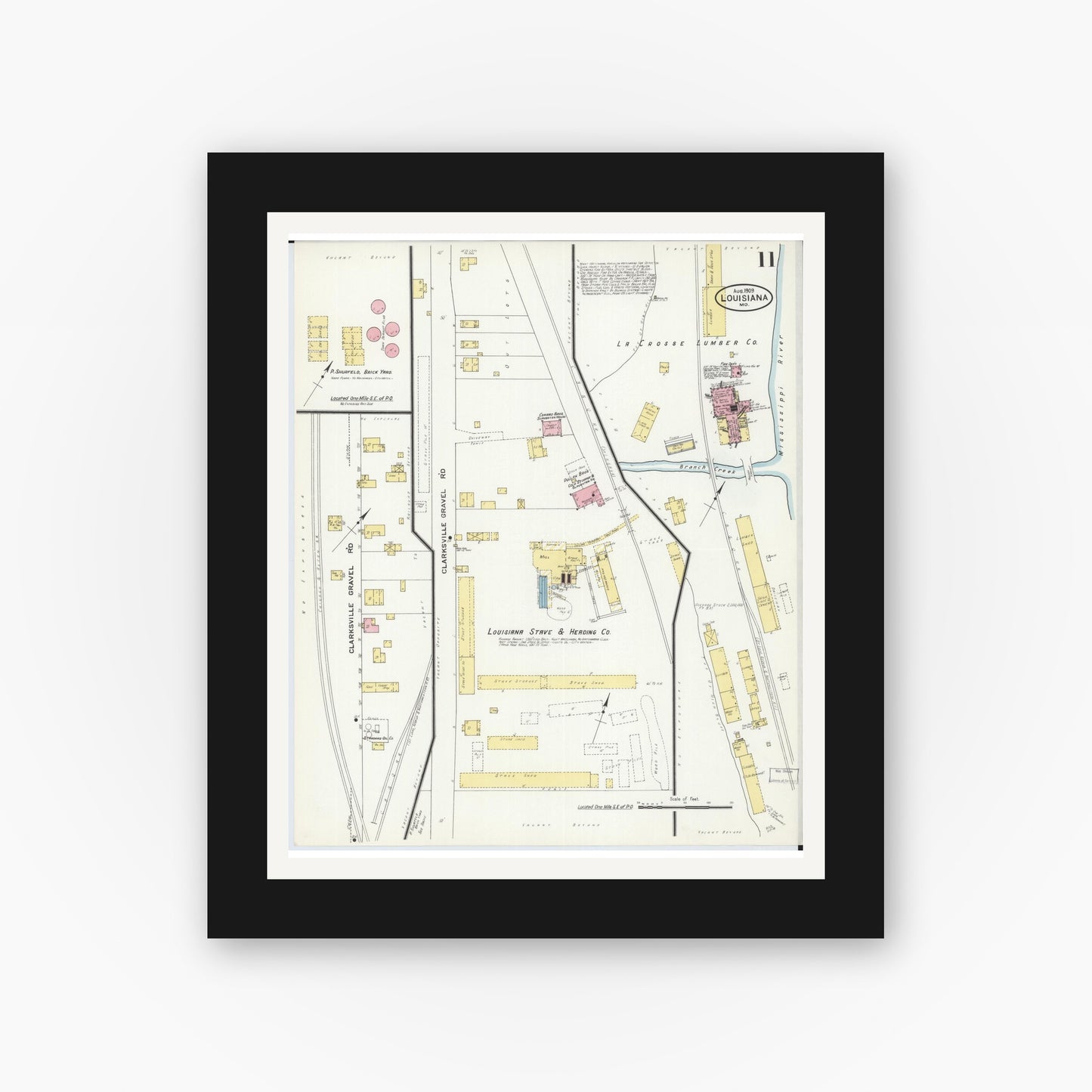 Old map wall art mockup — black gallery frame with white mat — Sanborn Fire Insurance Map from Louisiana, Pike County, Missouri (1909), Sheet #0011