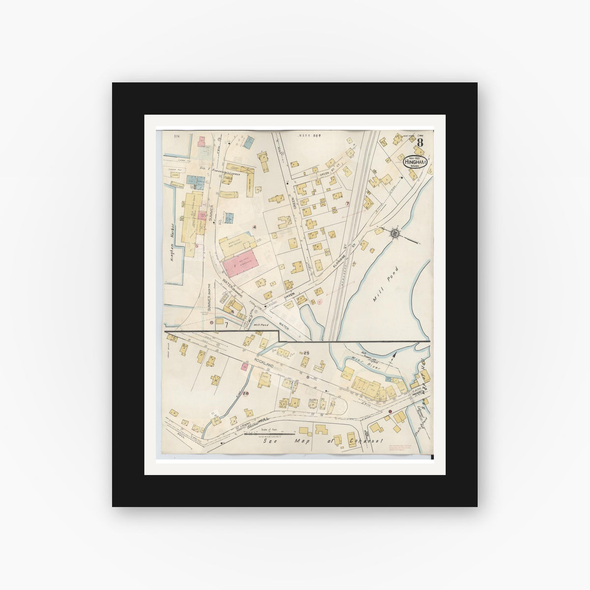 Old map wall art mockup — black gallery frame with white mat — Sanborn Fire Insurance Map from Hingham, Plymouth County, Massachusetts (1948), Sheet #0008