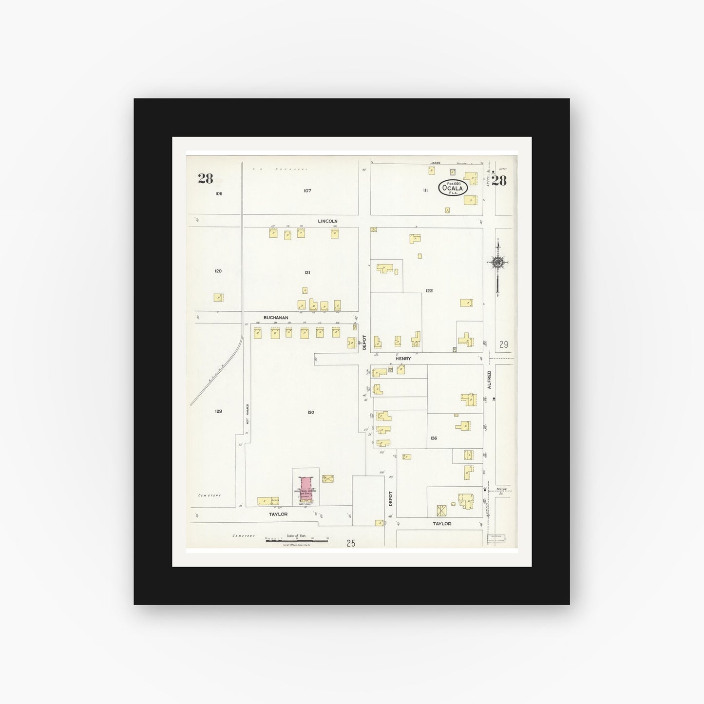 Old map wall art mockup — black gallery frame with white mat — Sanborn Fire Insurance Map from Ocala, Marion County, Florida (1924), Sheet #0028