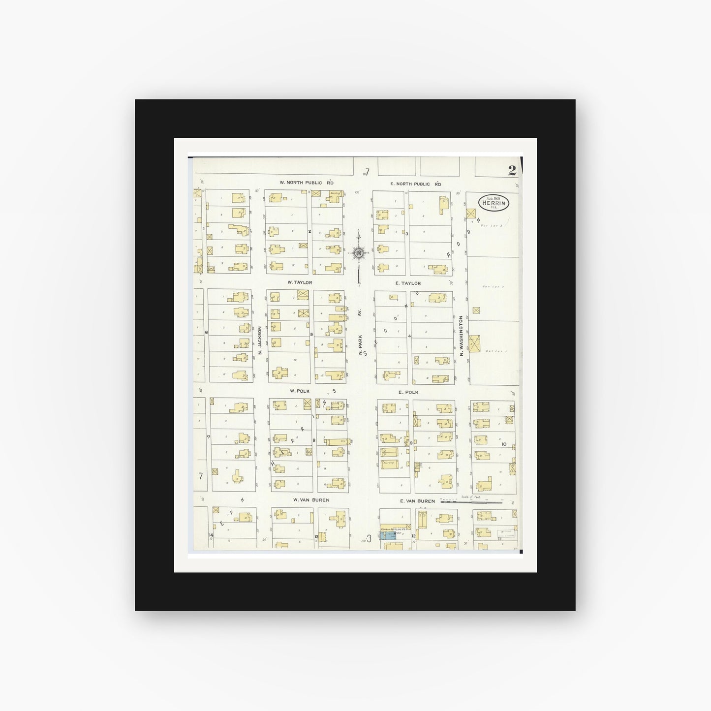 Old map wall art mockup — black gallery frame with white mat — Sanborn Fire Insurance Map from Herrin, Williamson County, Illinois (1909), Sheet #0002