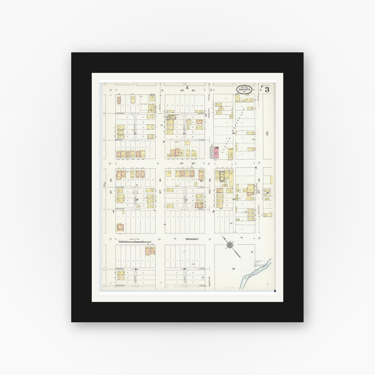 Old map wall art mockup — black gallery frame with white mat — Sanborn Fire Insurance Map from Juniata, Blair County, Pennsylvania (1910), Sheet #0003