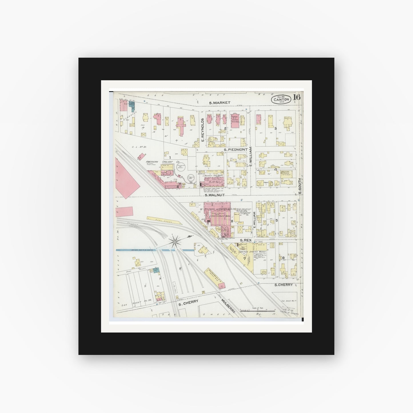 Old map wall art mockup — black gallery frame with white mat — Sanborn Fire Insurance Map from Canton, Stark County, Ohio (1891), Sheet #0016