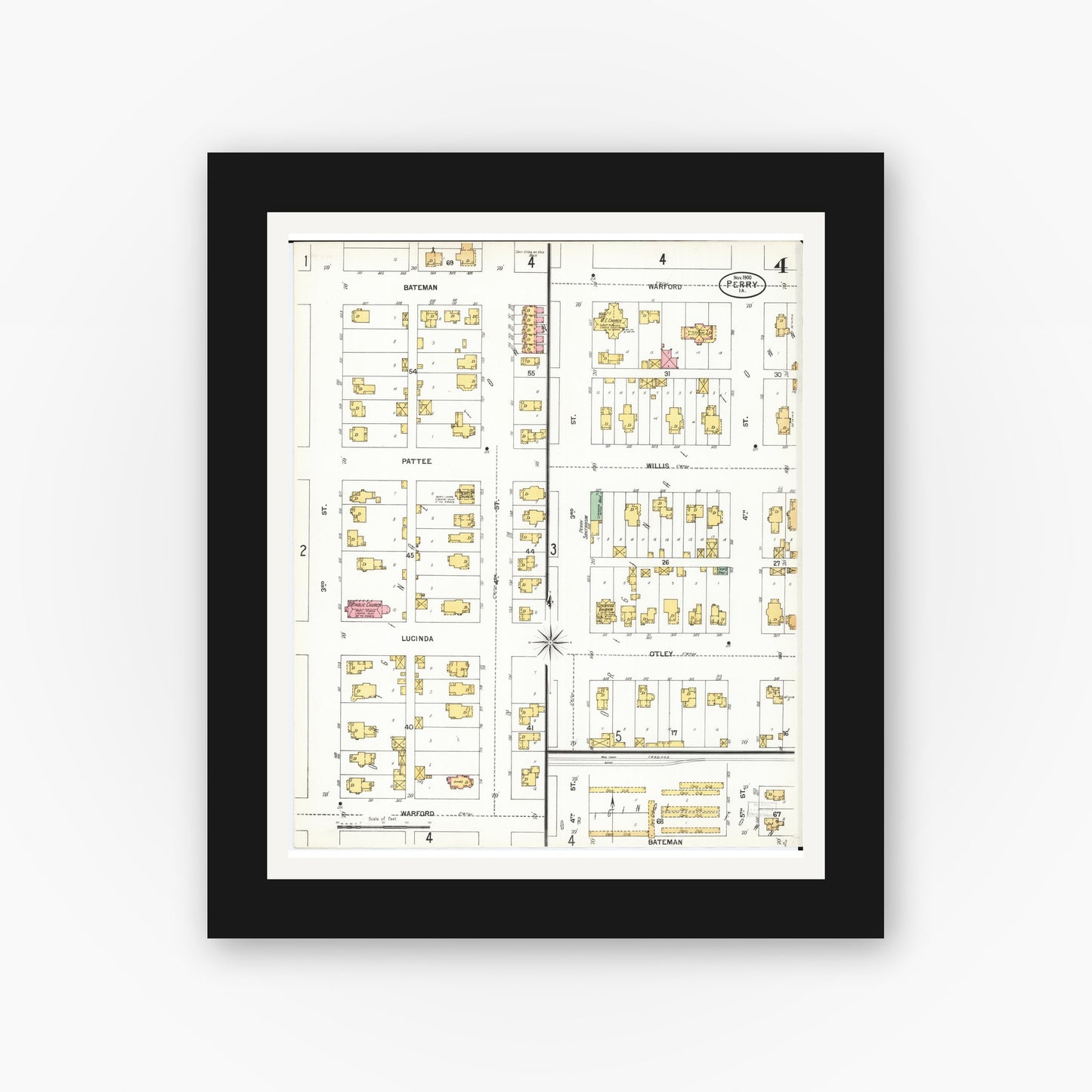 Old map wall art mockup — black gallery frame with white mat — Sanborn Fire Insurance Map from Perry, Dallas County, Iowa (1900), Sheet #0004
