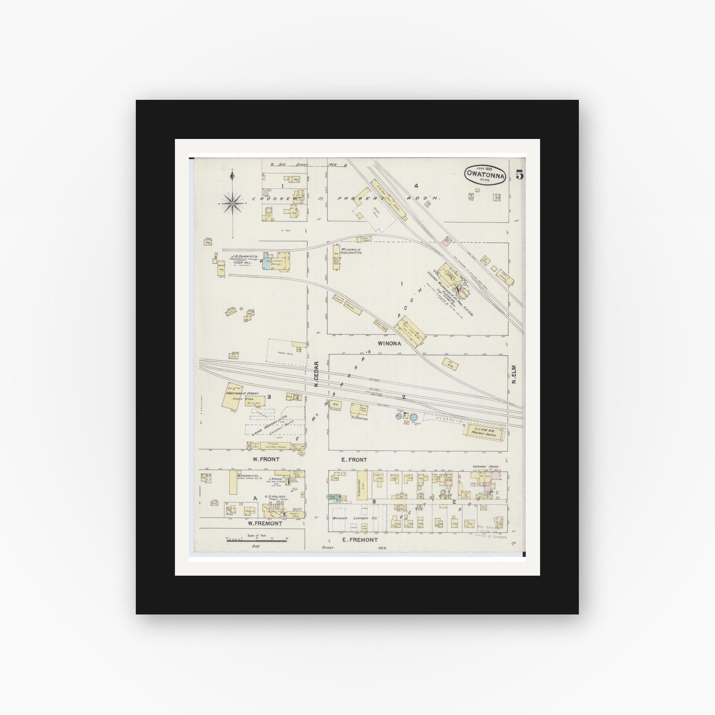 Old map wall art mockup — black gallery frame with white mat — Sanborn Fire Insurance Map from Owatonna, Steele County, Minnesota (1889), Sheet #0005