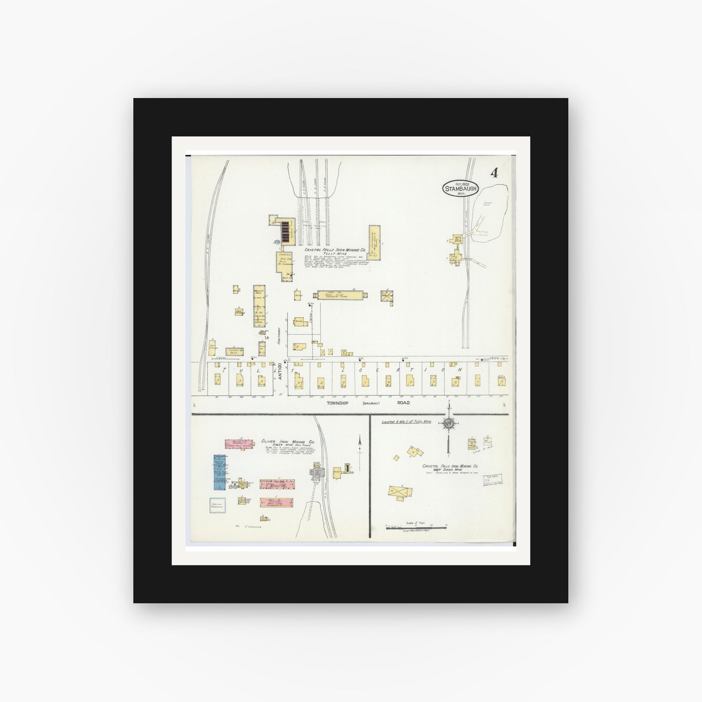 Old map wall art mockup — black gallery frame with white mat — Sanborn Fire Insurance Map from Stambaugh, Iron County, Michigan (1922), Sheet #0004