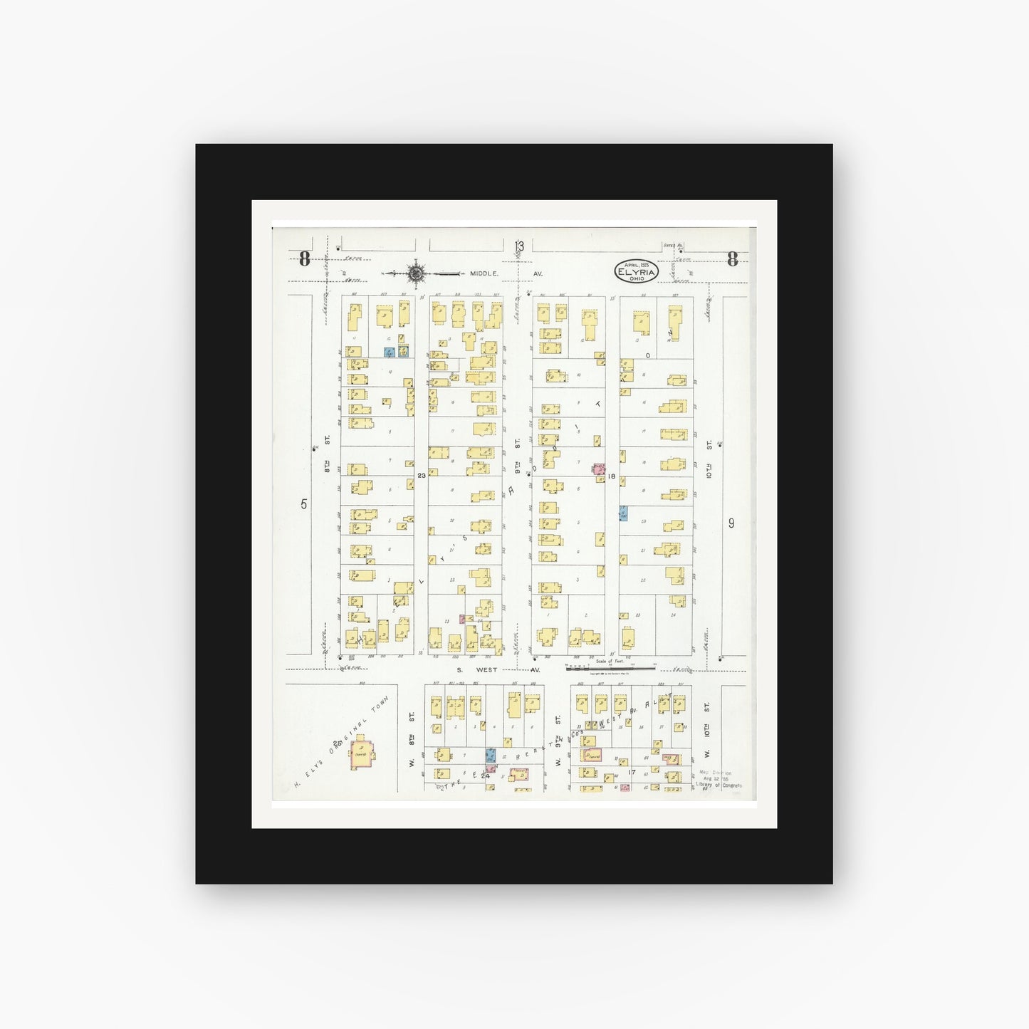 Old map wall art mockup — black gallery frame with white mat — Sanborn Fire Insurance Map from Elyria, Lorain County, Ohio (1925), Sheet #0008