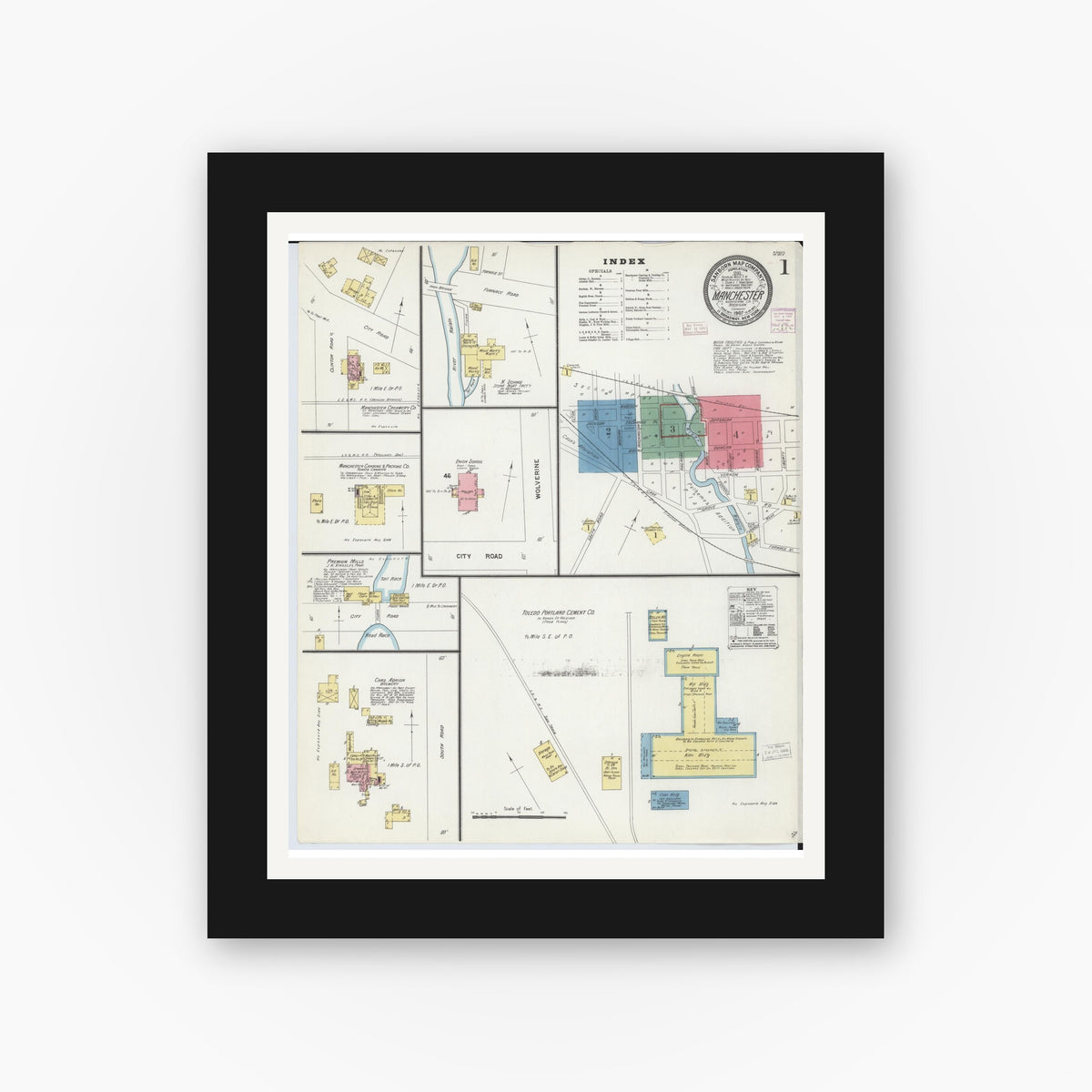 Old map wall art mockup — black gallery frame with white mat — Sanborn Fire Insurance Map from Manchester, Washtenaw County, Michigan (1907), Sheet #0001