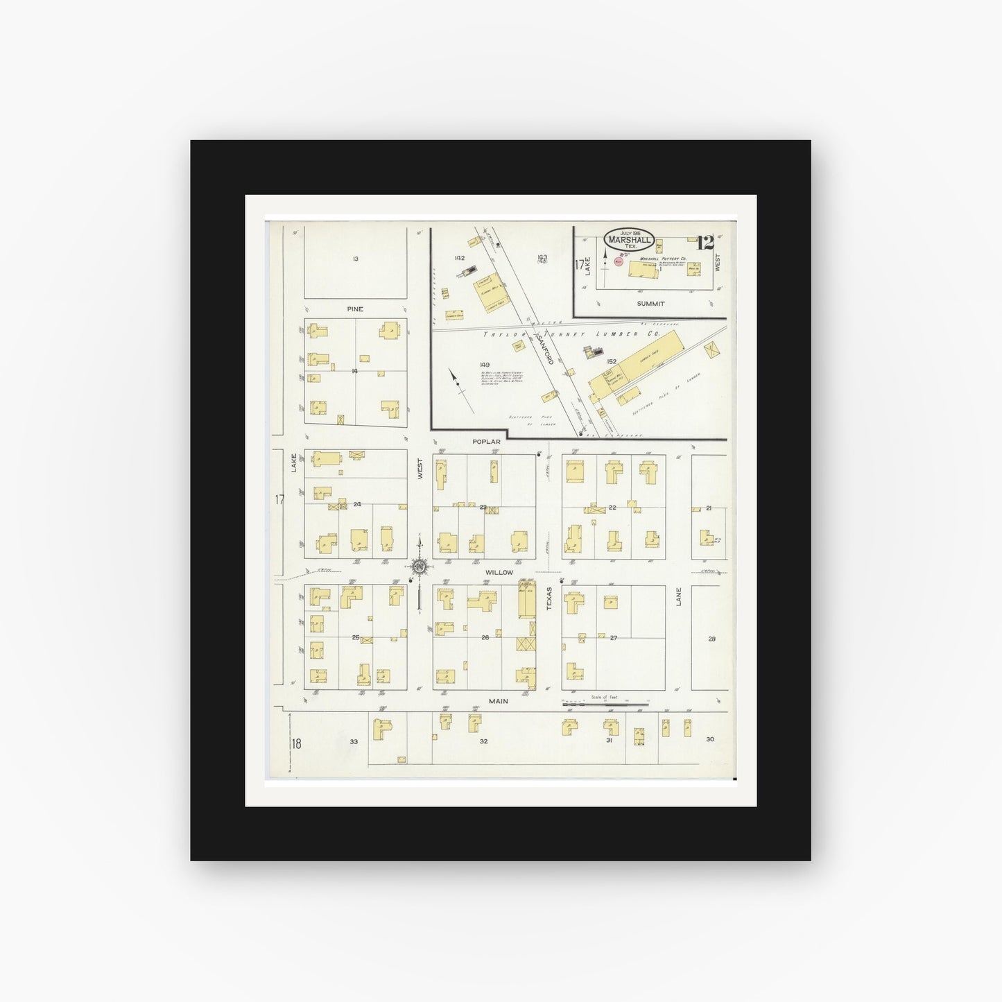 Old map wall art mockup — black gallery frame with white mat — Sanborn Fire Insurance Map from Marshall, Harrison County, Texas (1915), Sheet #0012