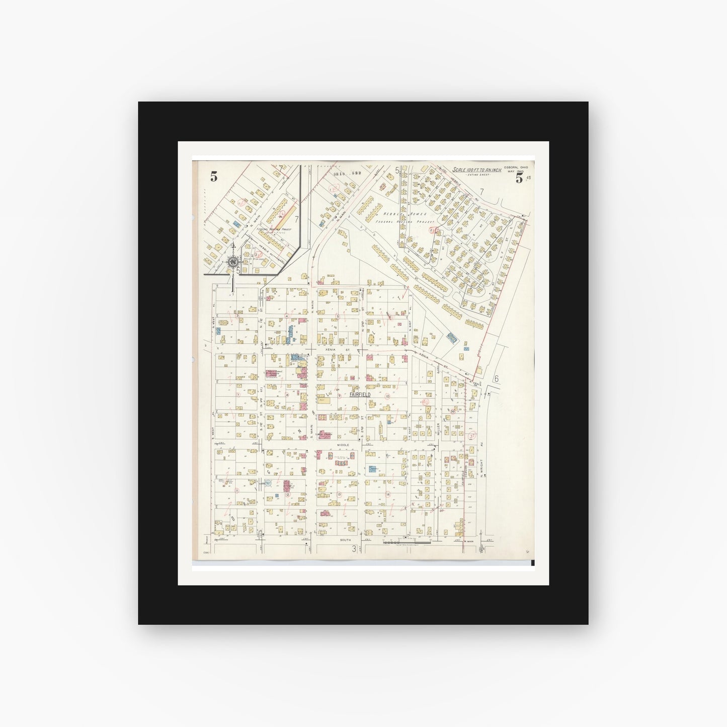 Old map wall art mockup — black gallery frame with white mat — Sanborn Fire Insurance Map from Osborn, Greene County, Ohio (1943), Sheet #0005