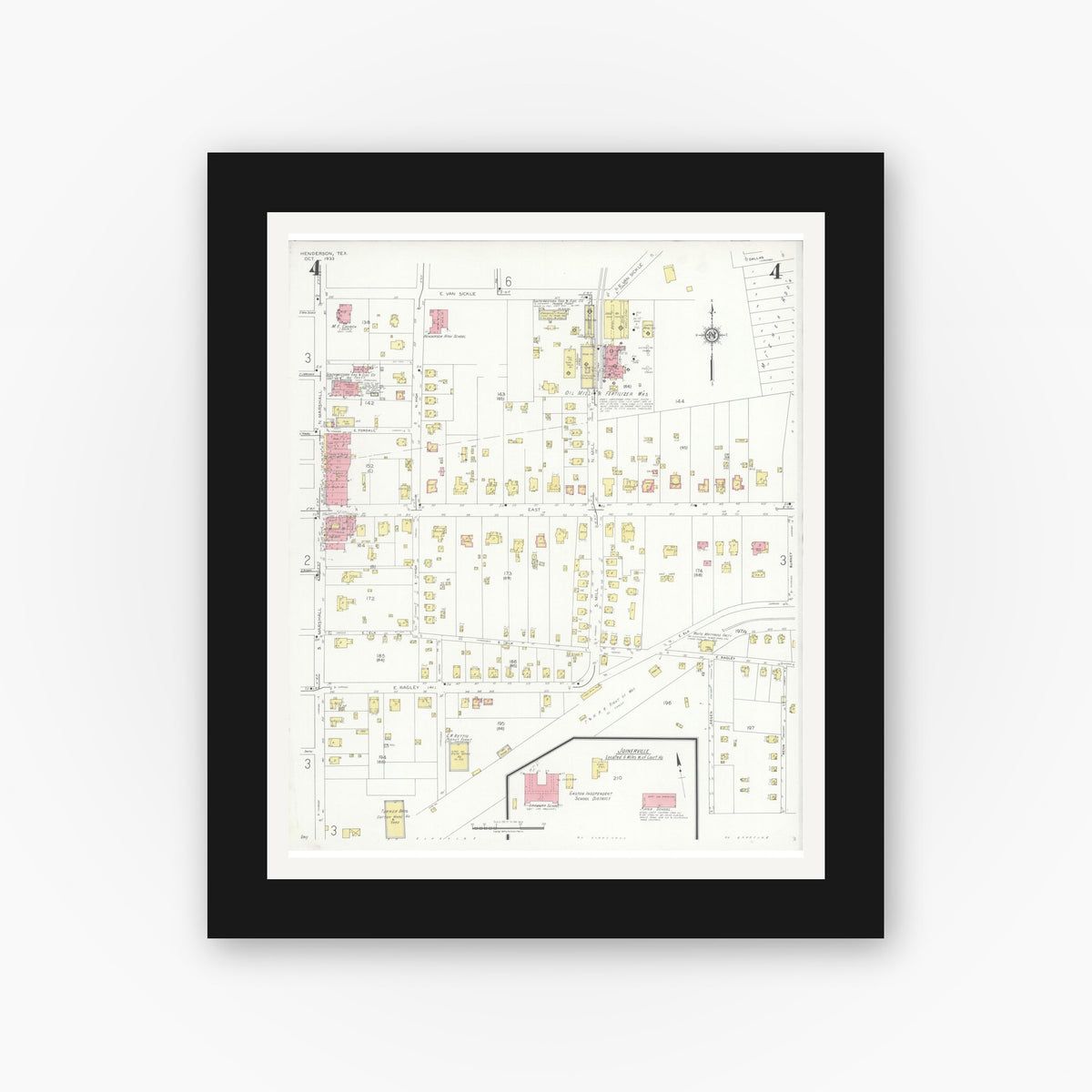 Old map wall art mockup — black gallery frame with white mat — Sanborn Fire Insurance Map from Henderson, Rusk County, Texas (1933), Sheet #0004