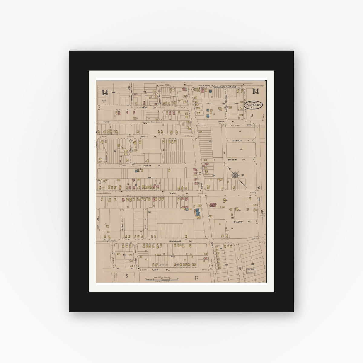 Old map wall art mockup — black gallery frame with white mat — Sanborn Fire Insurance Map from Lyndhurst, Bergen County, New Jersey (1922), Sheet #0014