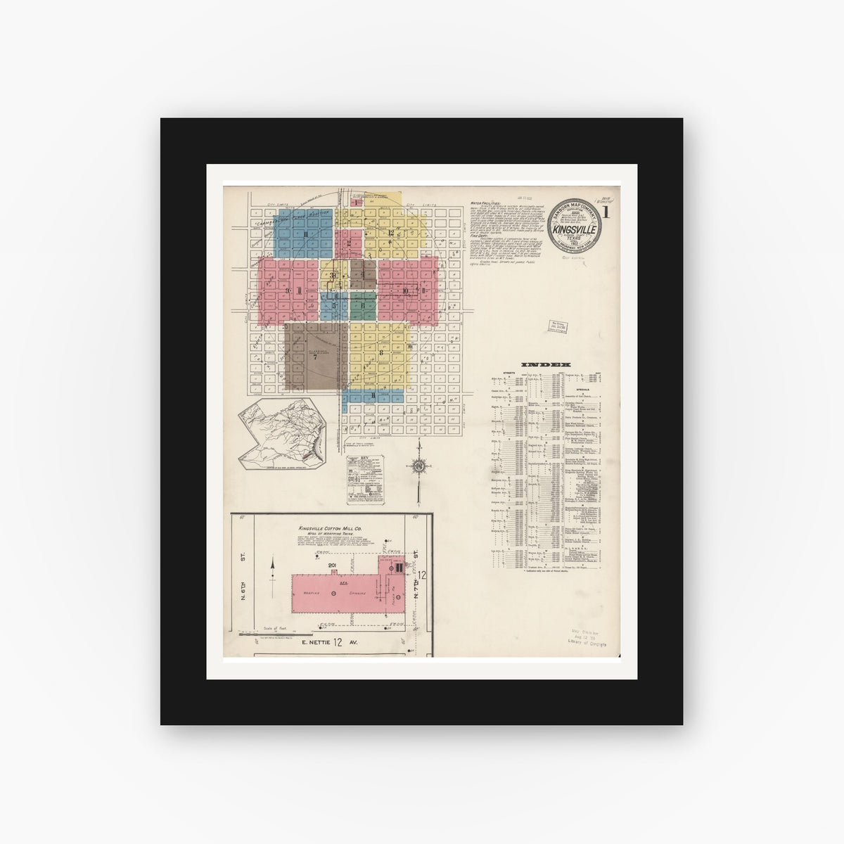 Old map wall art mockup — black gallery frame with white mat — Sanborn Fire Insurance Map from Kingsville, Kleberg County, Texas (1922), Sheet #0001