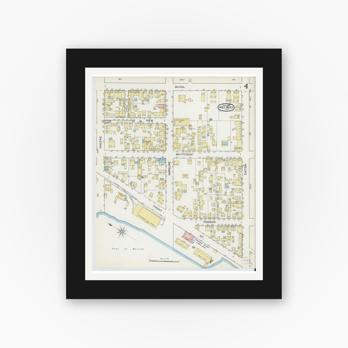Old map wall art mockup — black gallery frame with white mat — Sanborn Fire Insurance Map from Key West, Monroe County, Florida (1892), Sheet #0004