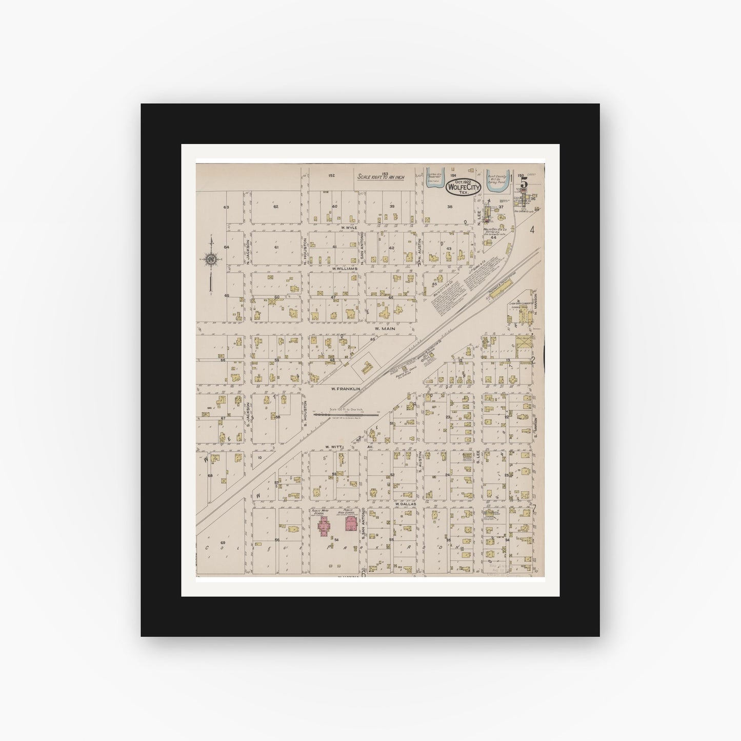 Old map wall art mockup — black gallery frame with white mat — Sanborn Fire Insurance Map from Wolfe City, Hunt County, Texas (1922), Sheet #0005