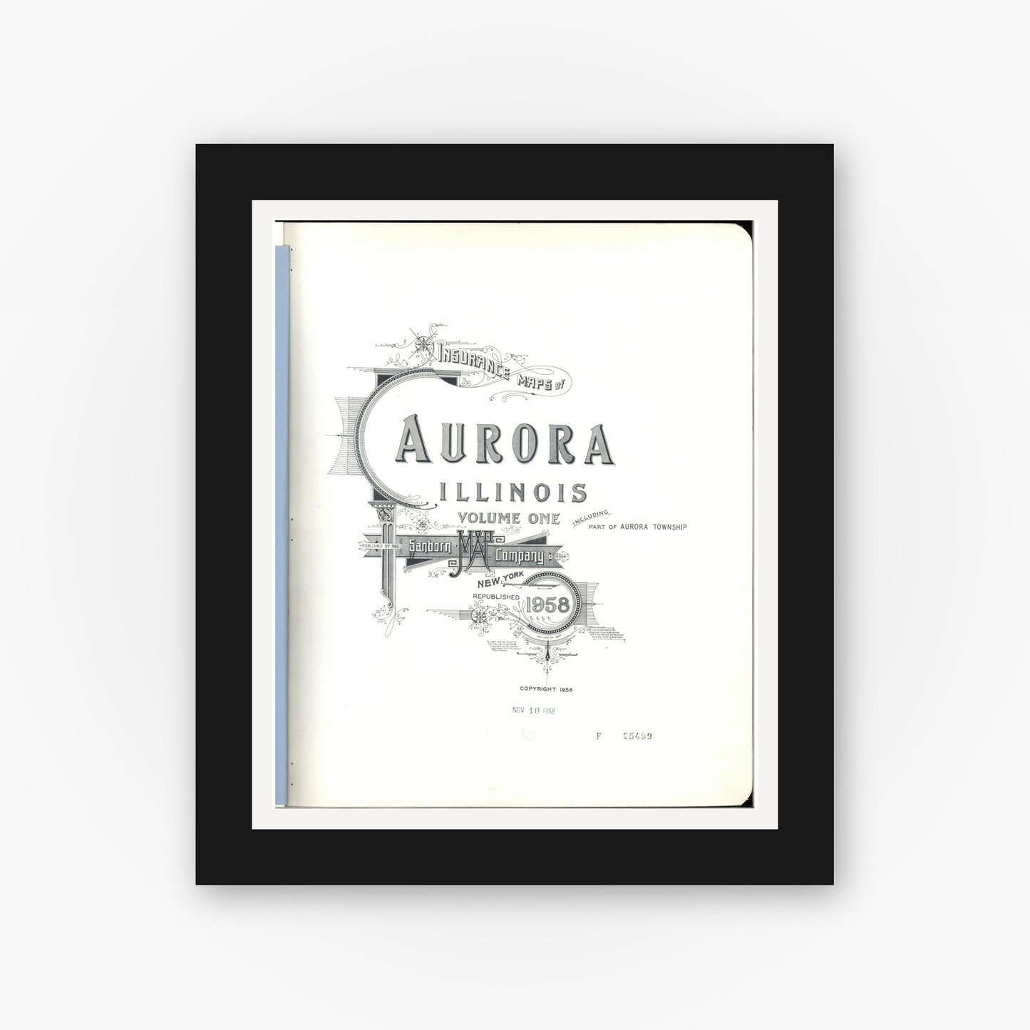 Old map wall art mockup — black gallery frame with white mat — Sanborn Fire Insurance Map from Aurora, Kane County, Illinois (1958) - Complete Map Set