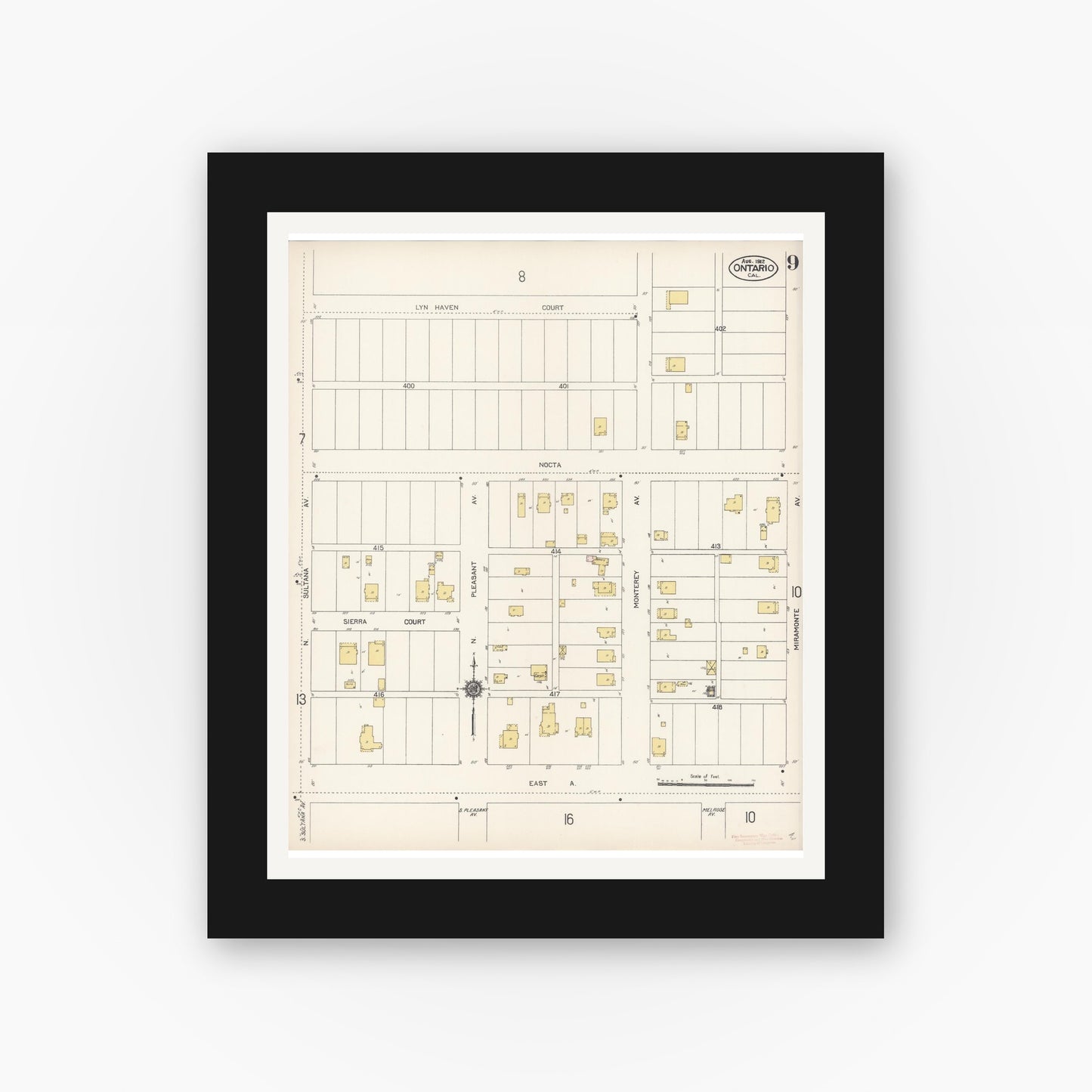 Old map wall art mockup — black gallery frame with white mat — Sanborn Fire Insurance Map from Ontario, San Bernardino County, California (1912), Sheet #0009